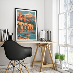 Cordoba Spain Skyline Travel Poster — framed poster black frame on office desk modern