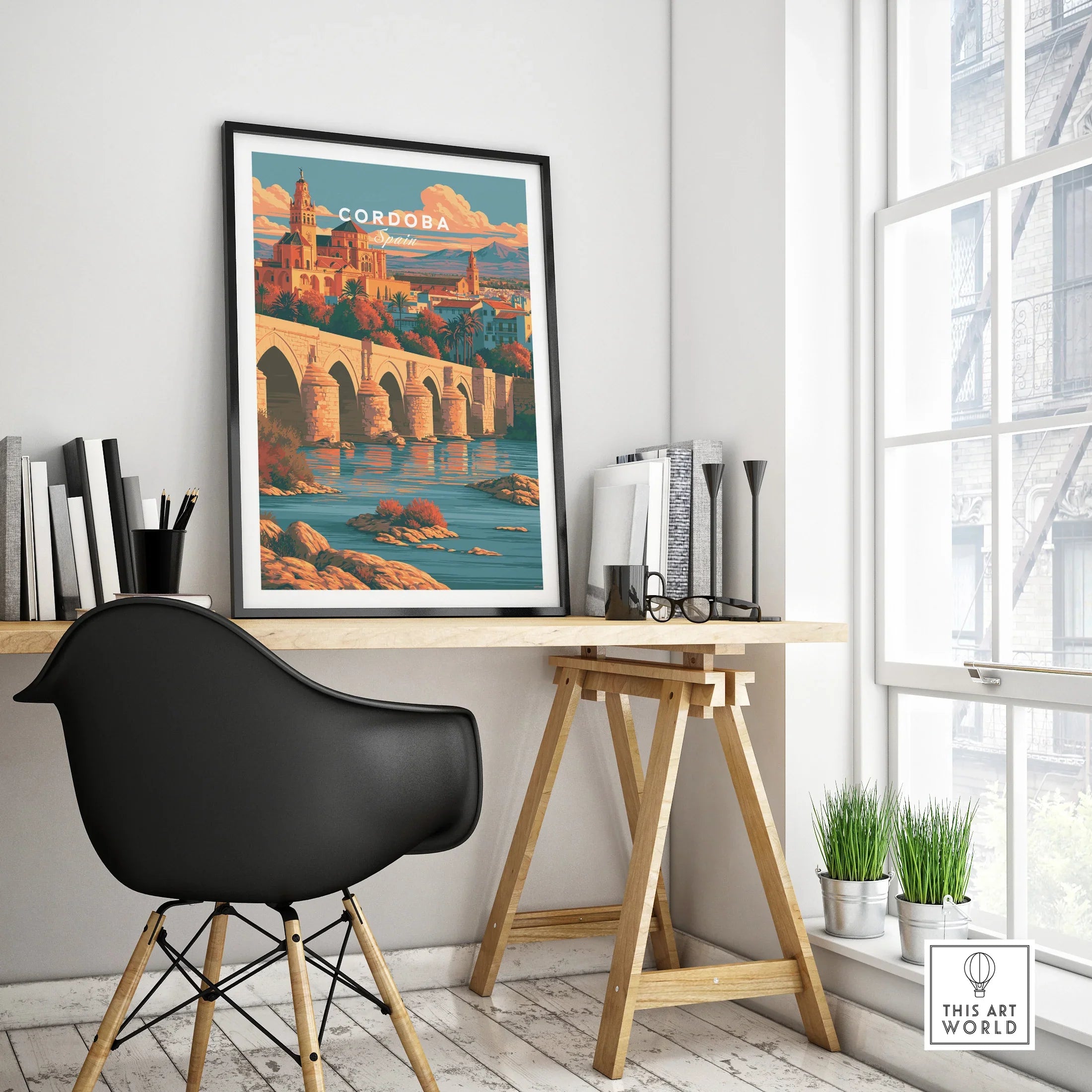 Cordoba Spain Skyline Travel Poster — framed poster black frame on office desk modern