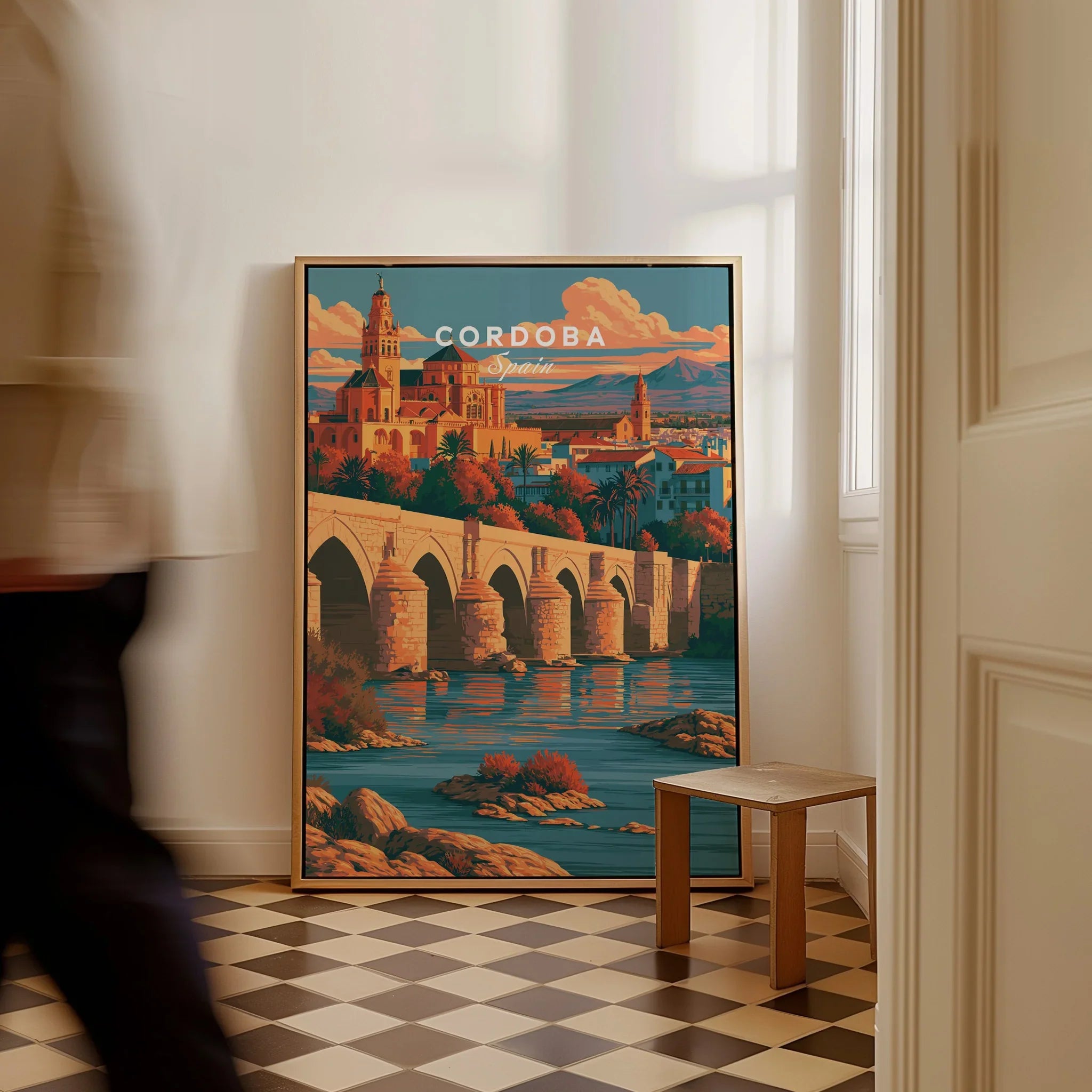 Cordoba Spain Skyline Travel Poster — framed canvas on floor man walking past