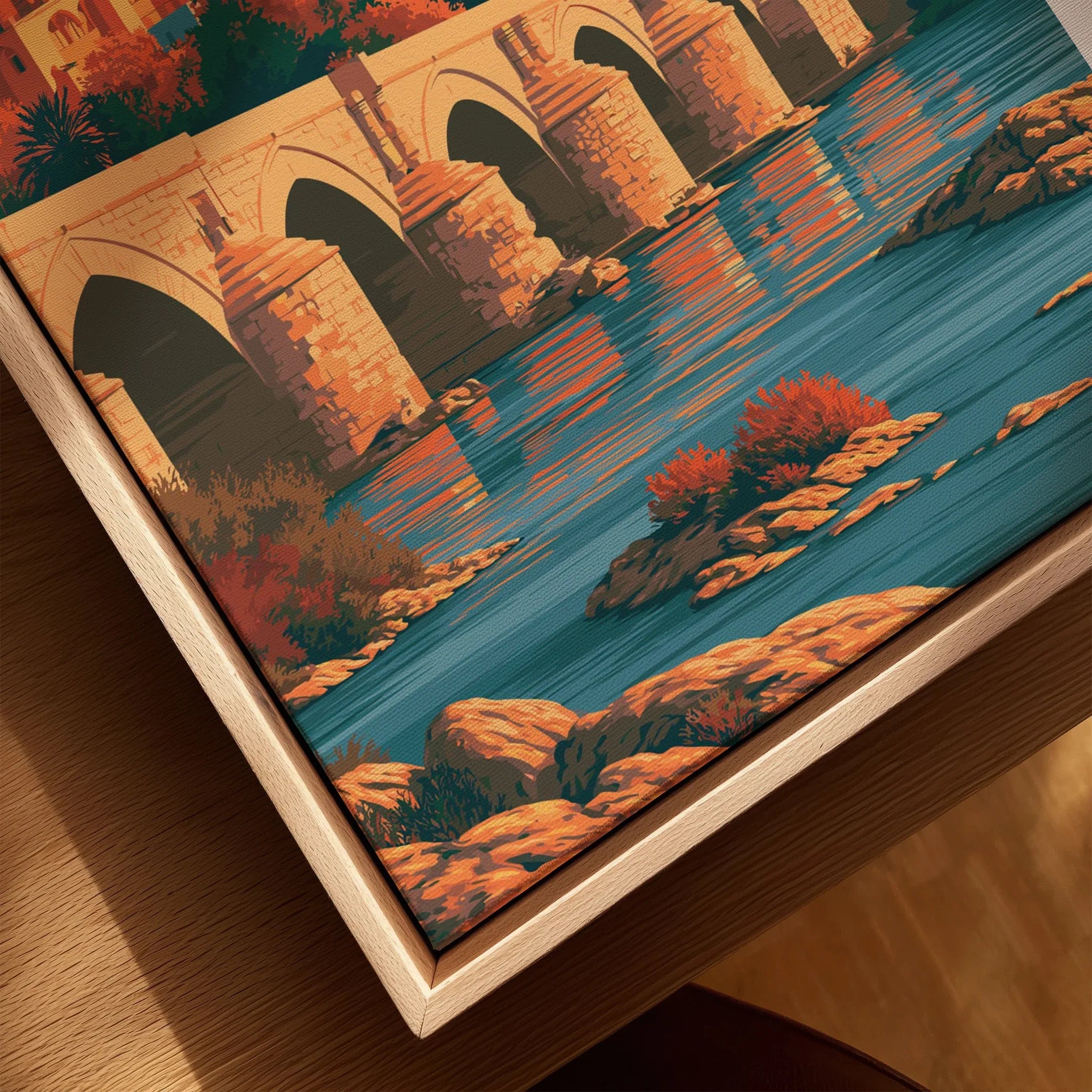 Cordoba Spain Skyline Travel Poster — closeup framed canvas natural wood floating frame