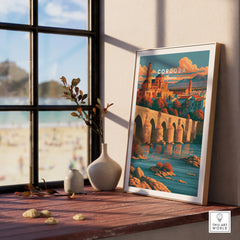 Cordoba Spain Skyline Travel Poster — framed print window view natural wood frame