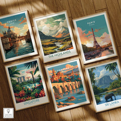 Cordoba Spain Skyline Travel Poster — set six framed art prints wooden floor natural wood frames