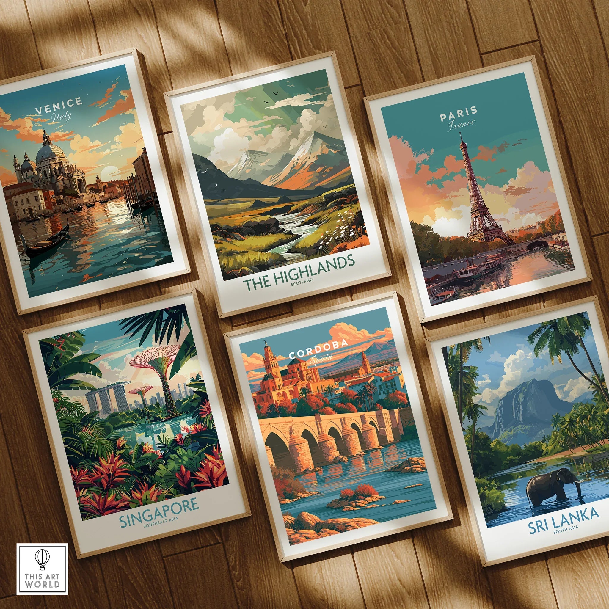 Cordoba Spain Skyline Travel Poster — set six framed art prints wooden floor natural wood frames