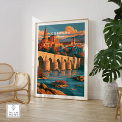 Cordoba Spain Skyline Travel Poster — large framed print room setting chair plant