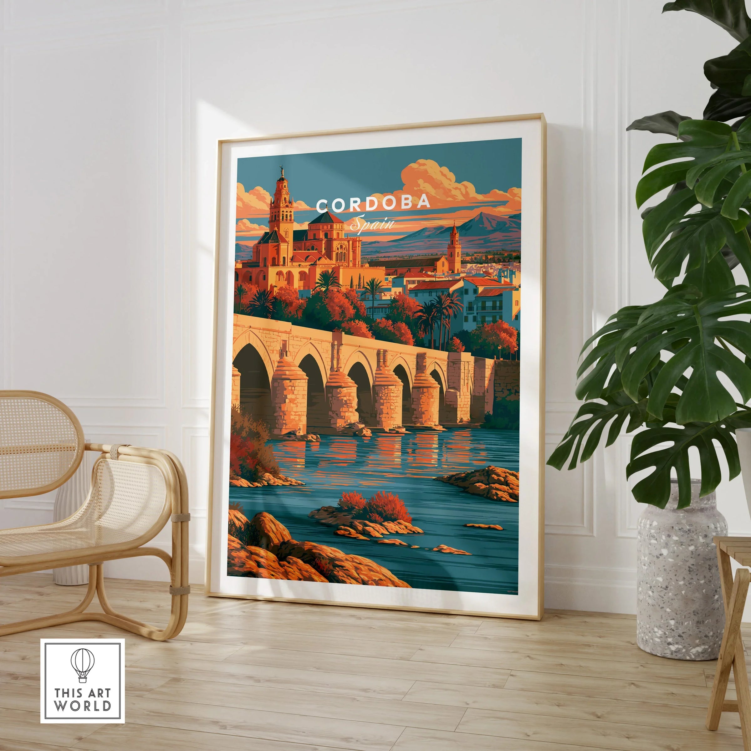 Cordoba Spain Skyline Travel Poster — large framed print room setting chair plant