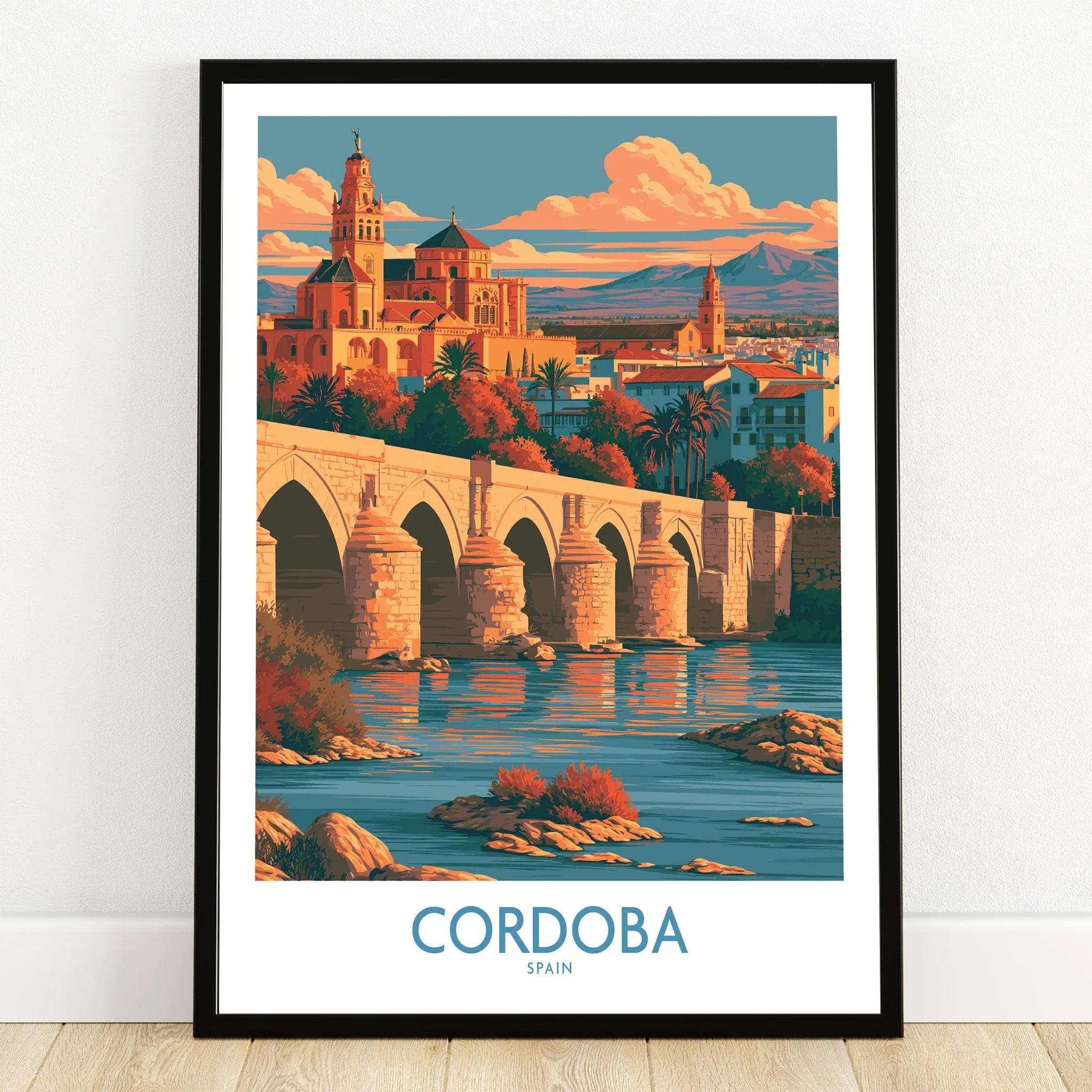 Cordoba Spain Skyline Wall Art — art print in black frame on wooden floor