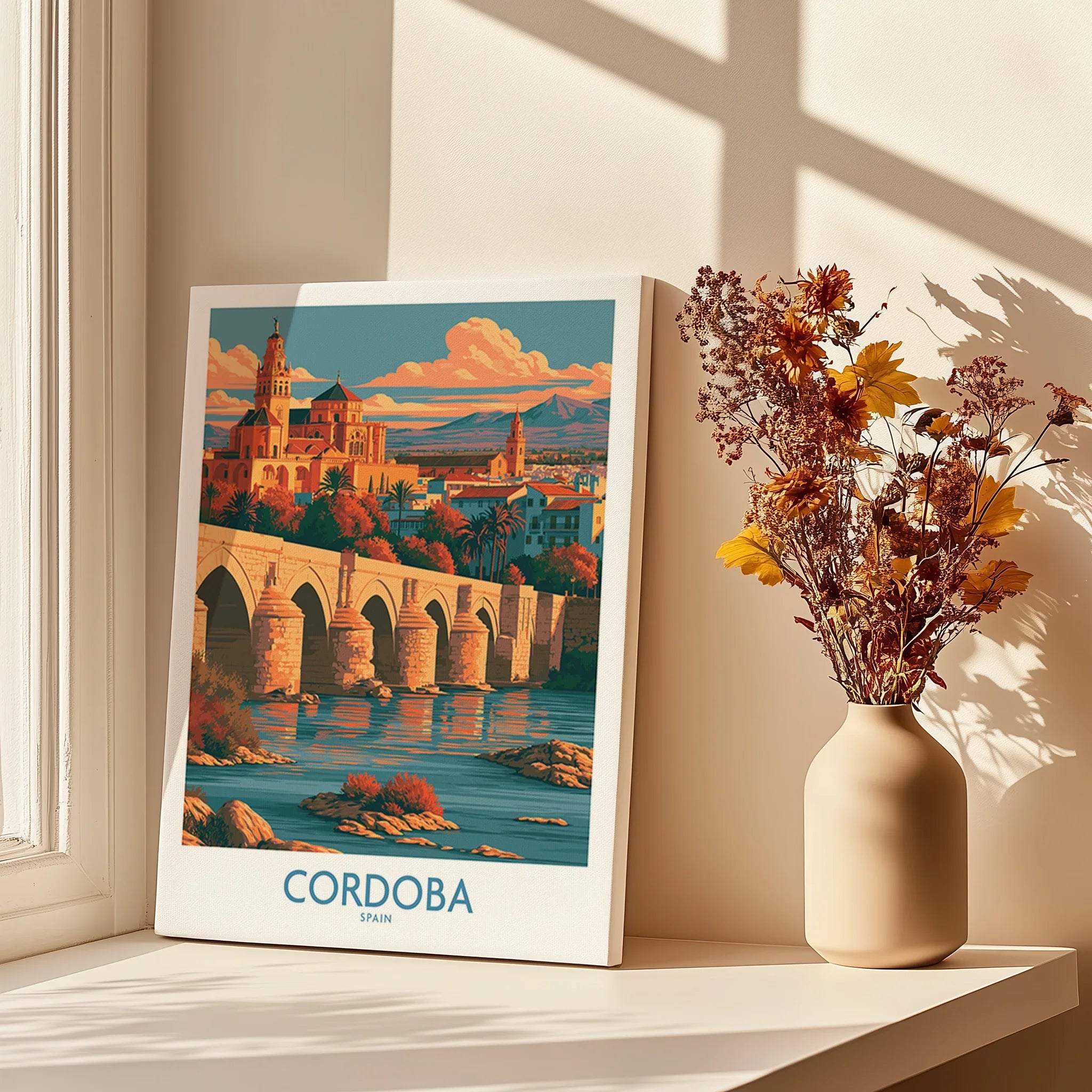 Cordoba Spain Skyline Wall Art — canvas print window setting with shadows flowers