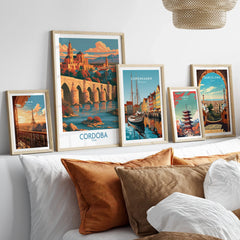 Cordoba Spain Skyline Wall Art — set five framed artprints above bed natural wood frames