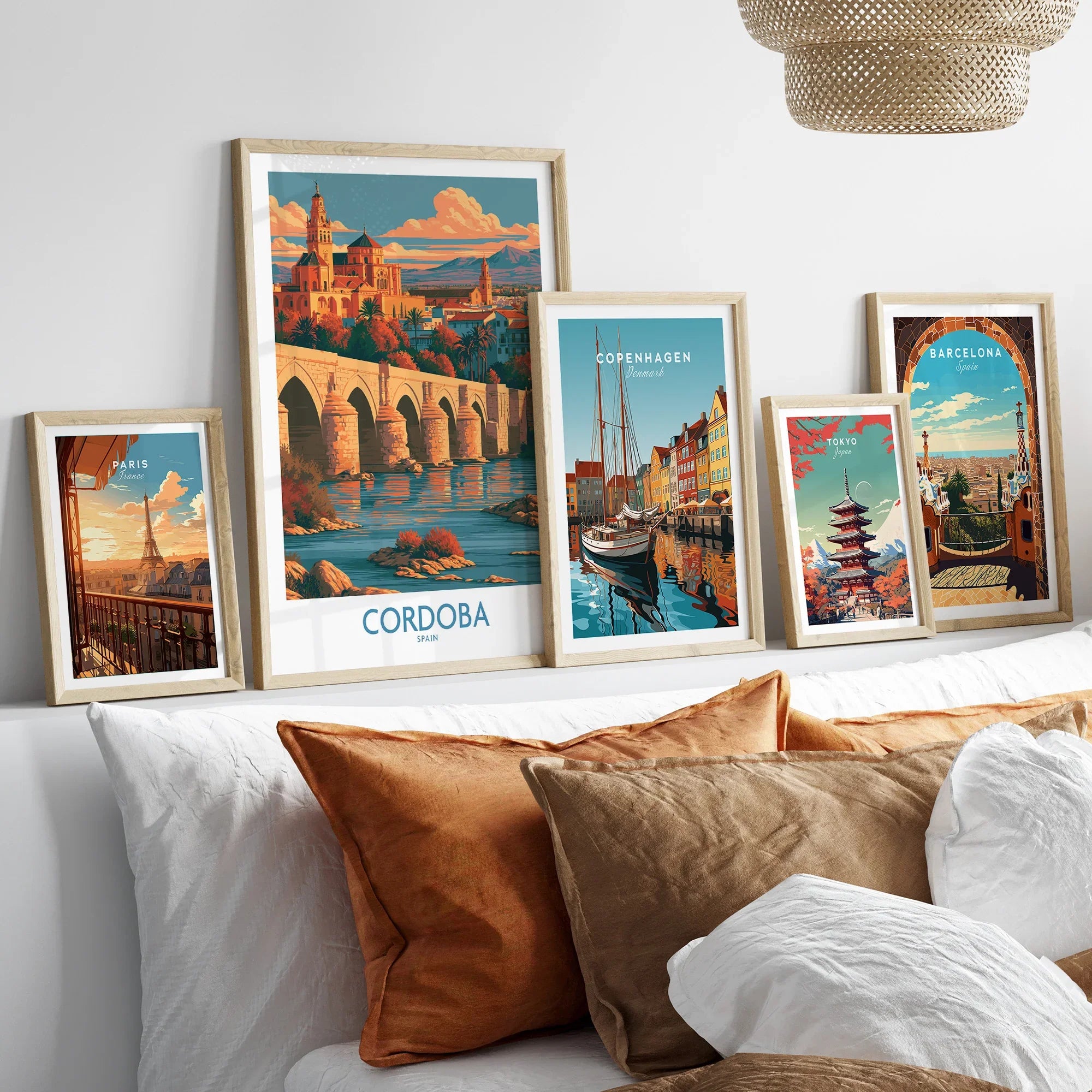 Cordoba Spain Skyline Wall Art — set five framed artprints above bed natural wood frames