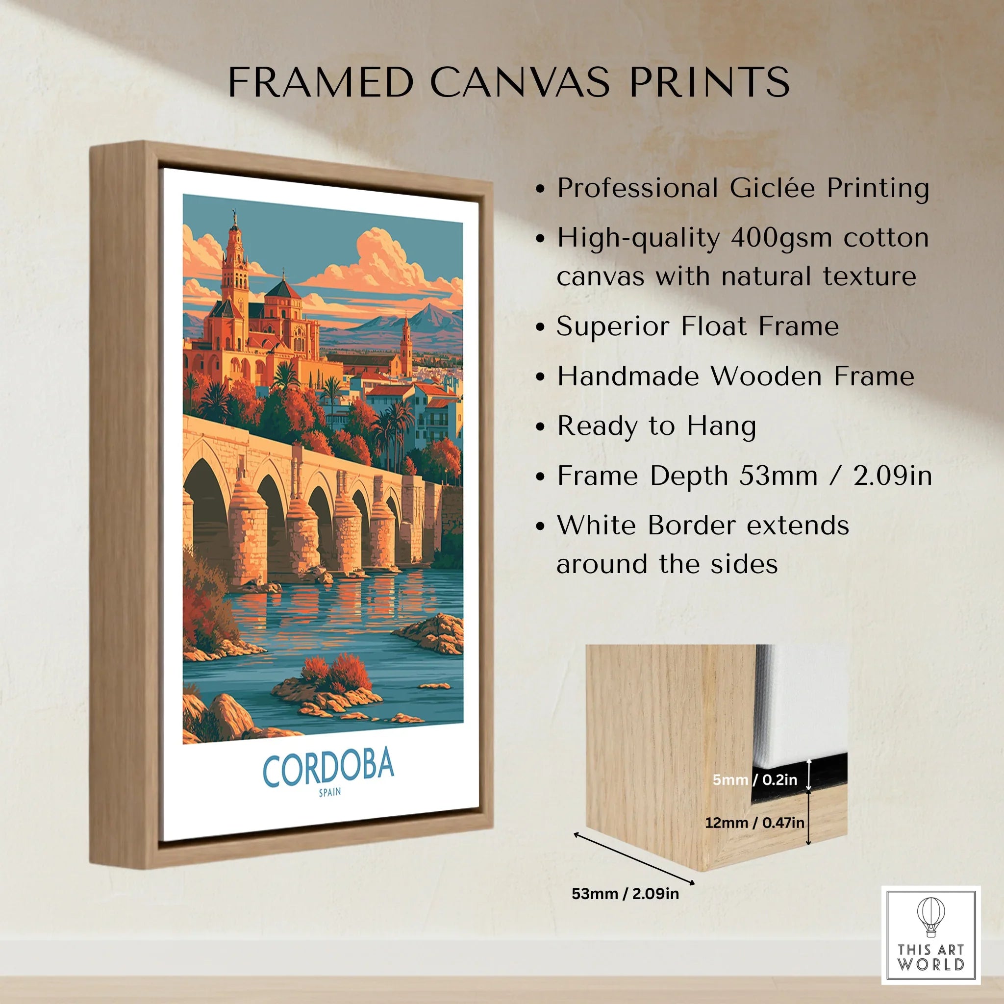 Cordoba Spain Skyline Wall Art — framed canvas float frame details quality