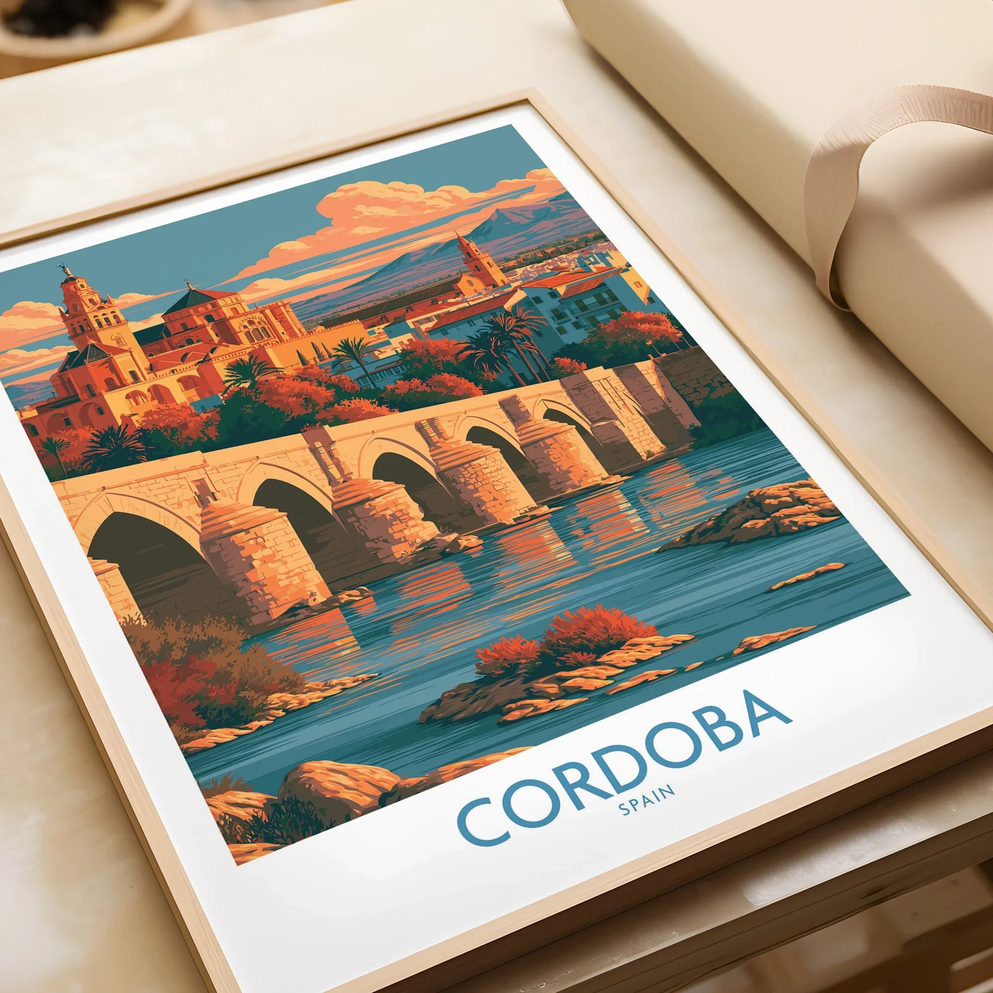 Cordoba Spain Skyline Wall Art — framed art print closeup gift unwrapped natural frame