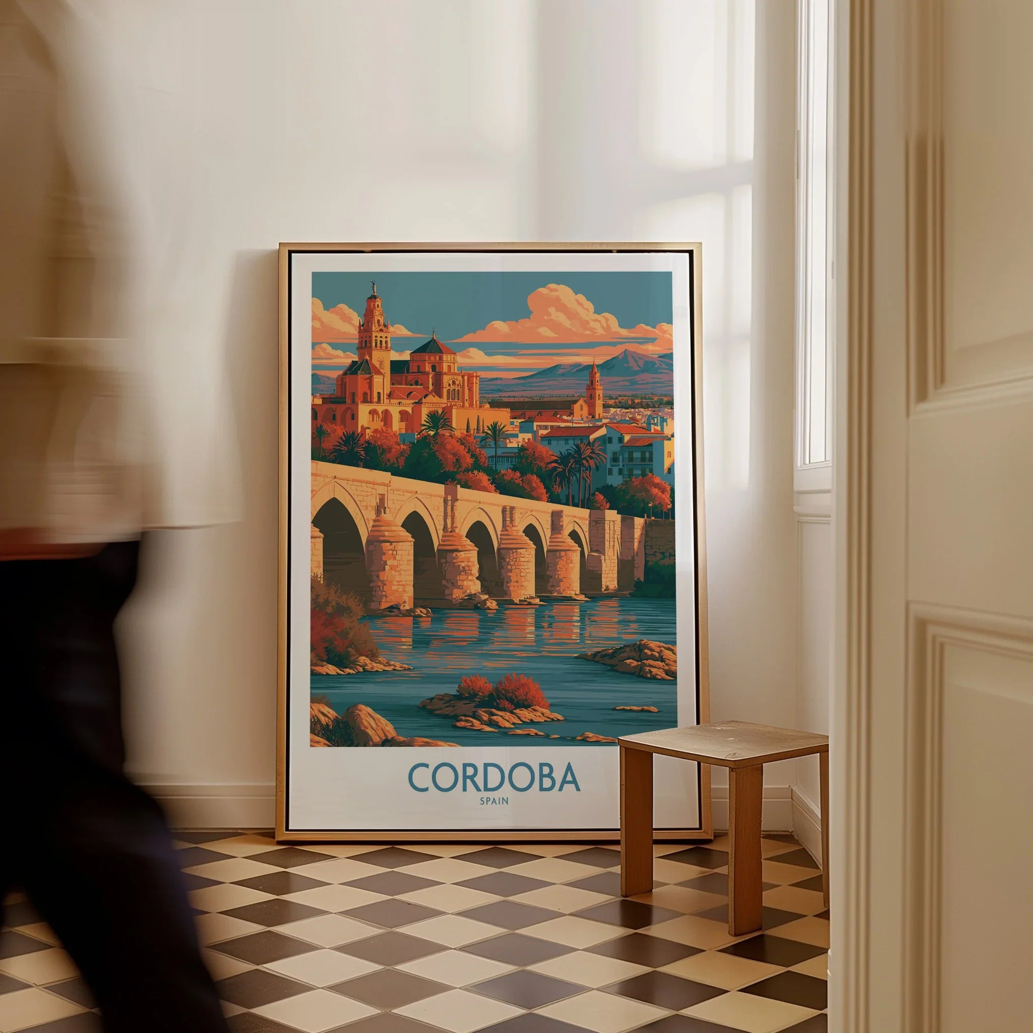 Cordoba Spain Skyline Wall Art — framed canvas on floor man walking past