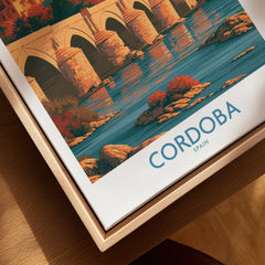 Cordoba Spain Skyline Wall Art — closeup framed canvas natural wood floating frame