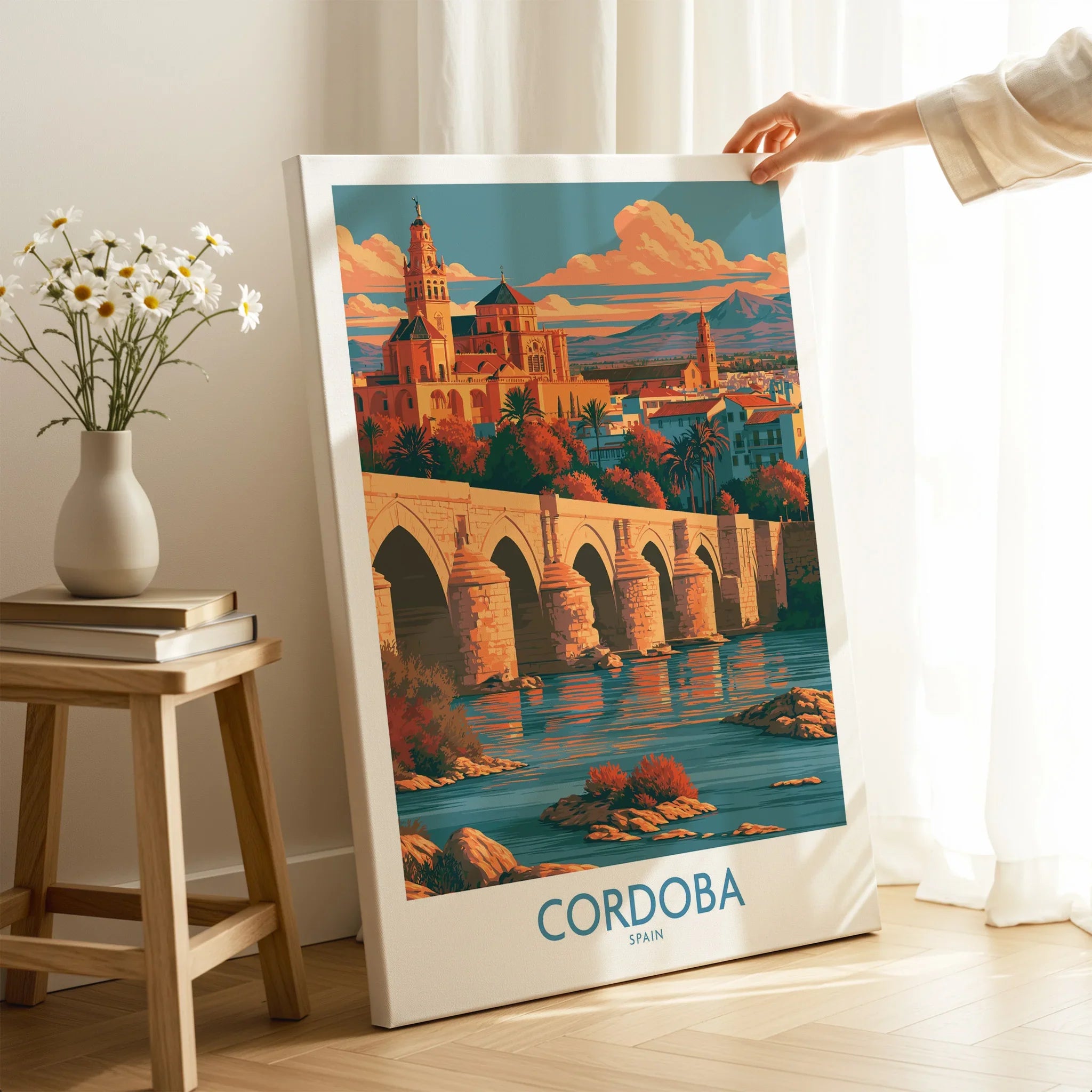 Cordoba Spain Skyline Wall Art — canvas print mirror edge hand holding room setting
