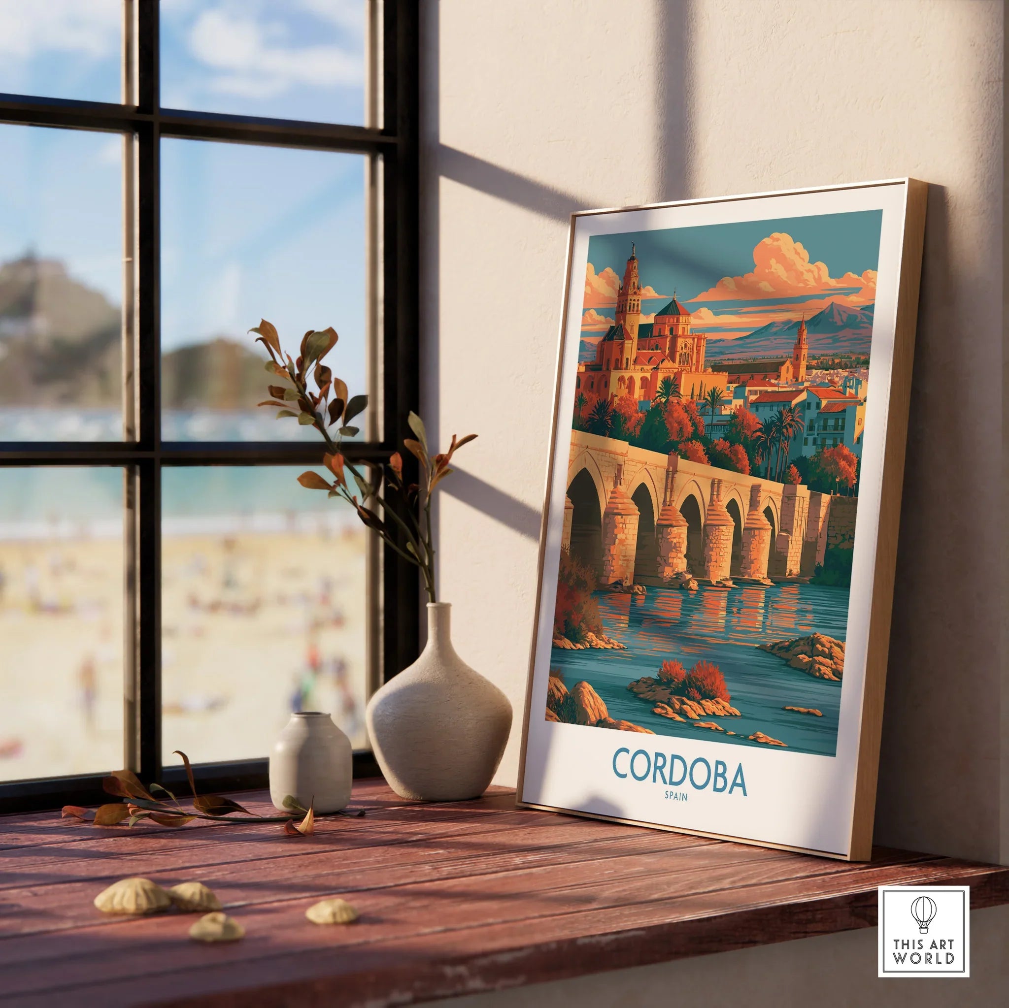 Cordoba Spain Skyline Wall Art — framed print window view natural wood frame