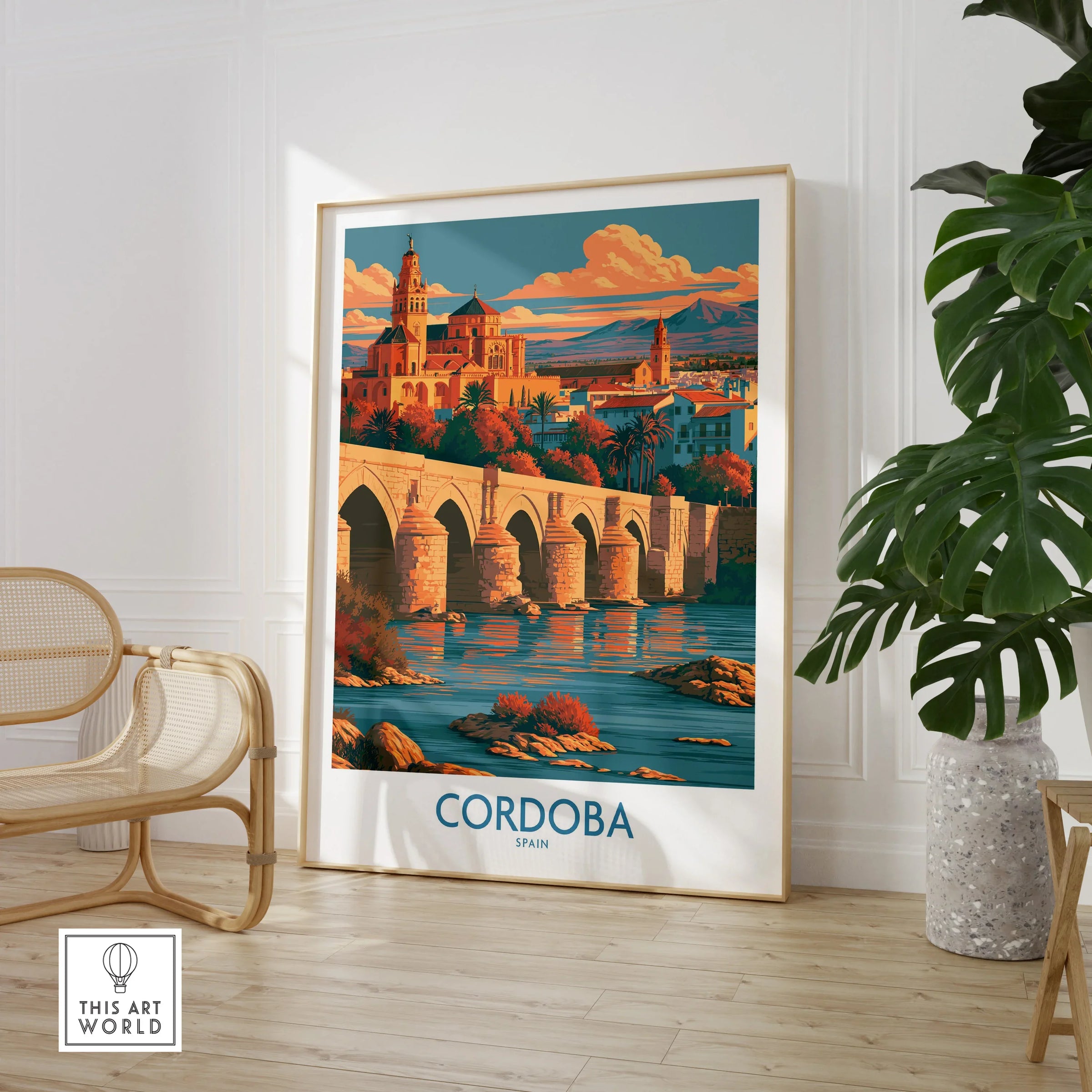 Cordoba Spain Skyline Wall Art — large framed print room setting chair plant