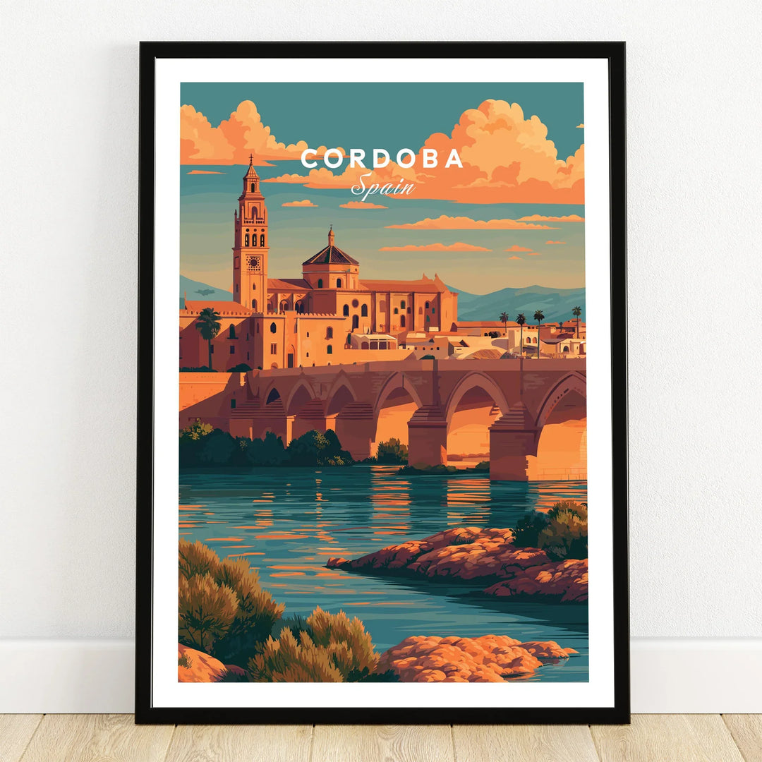 Cordoba Spain Sunset Travel Poster — art print in black frame on wooden floor