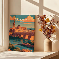 Cordoba Spain Sunset Travel Poster — canvas print window setting with shadows flowers