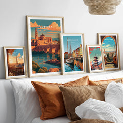 Cordoba Spain Sunset Travel Poster — set five framed artprints above bed natural wood frames