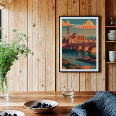 Cordoba Spain Sunset Travel Poster — black framed art print kitchen setting