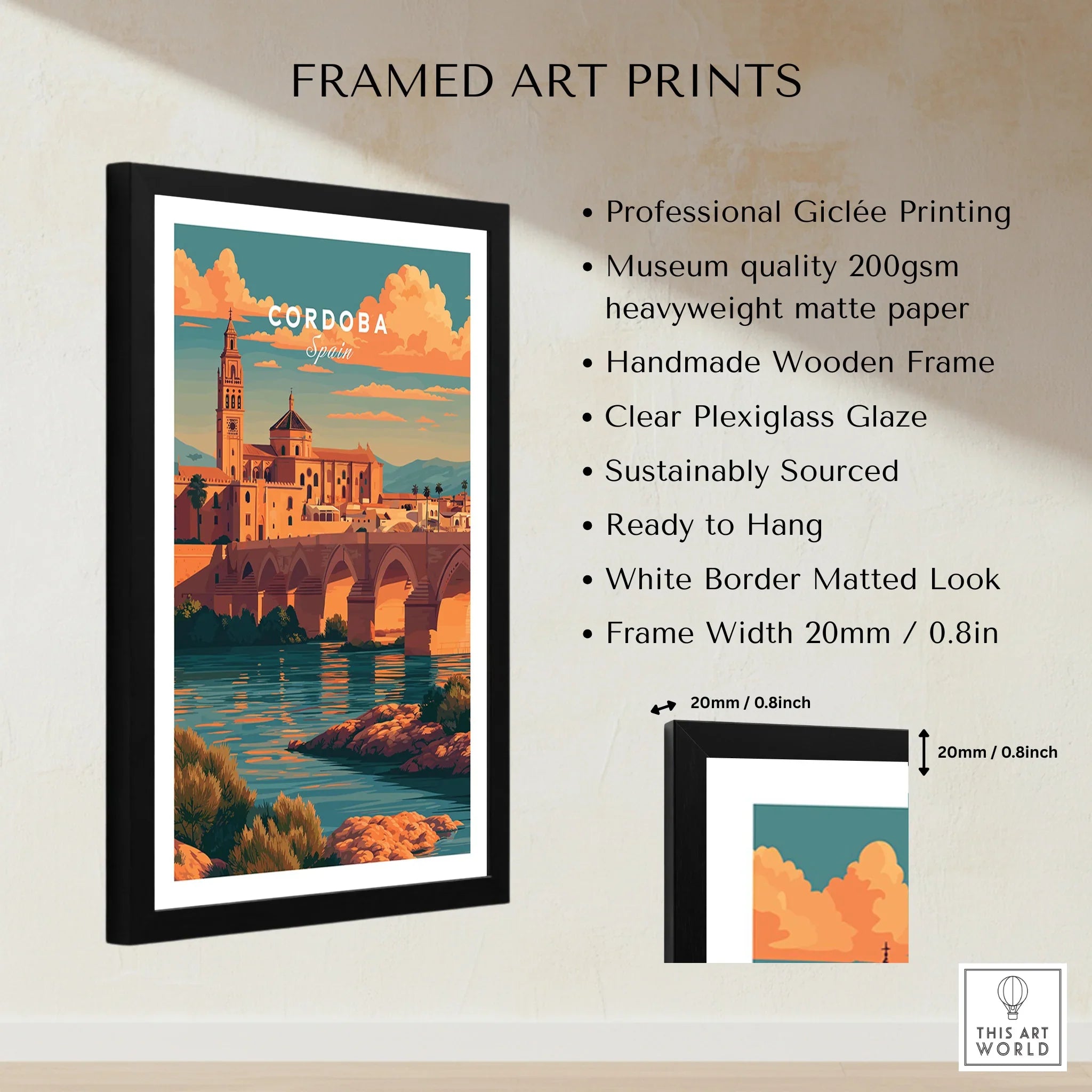 Cordoba Spain Sunset Travel Poster — framed print details measurements quality details