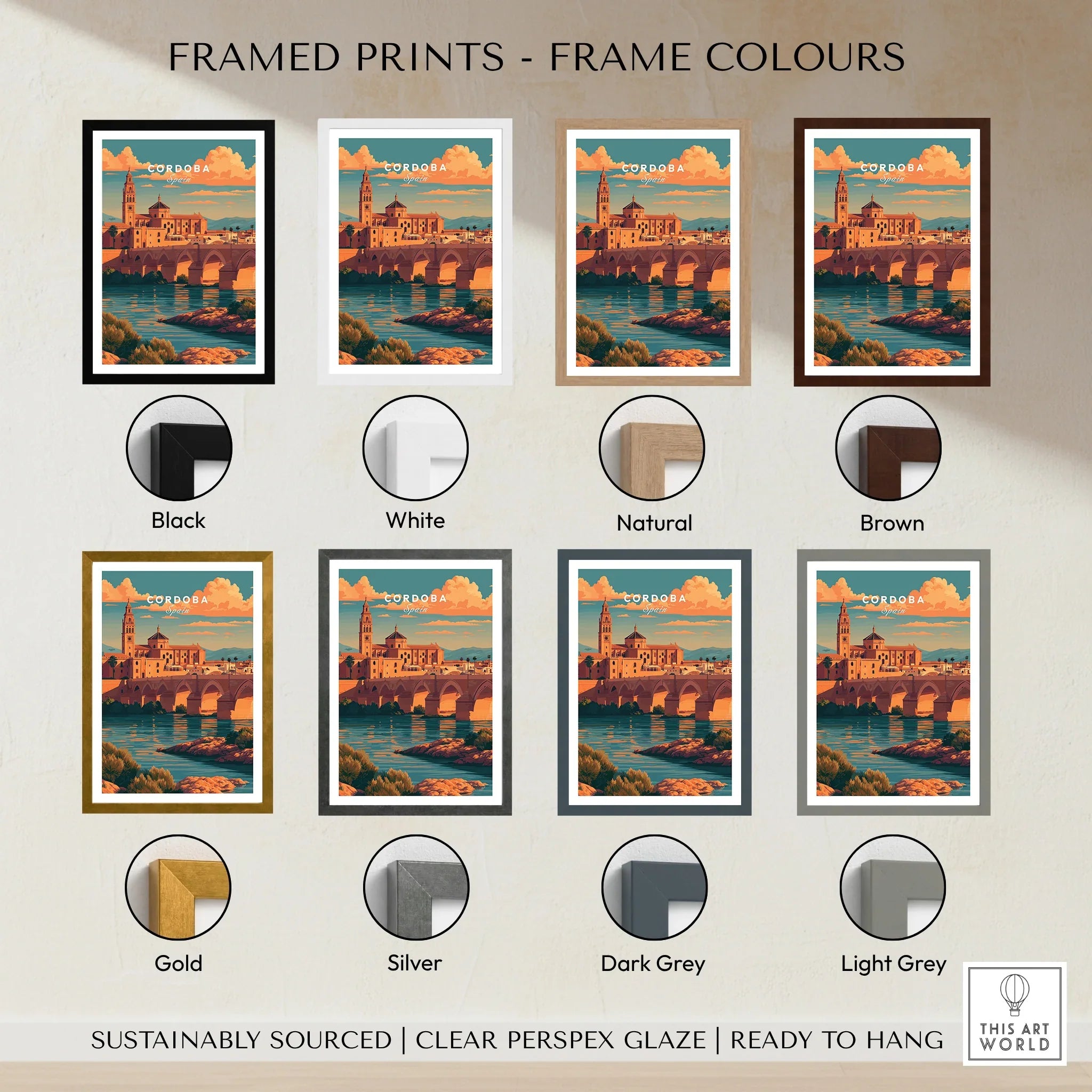 Cordoba Spain Sunset Travel Poster — framed print colour options