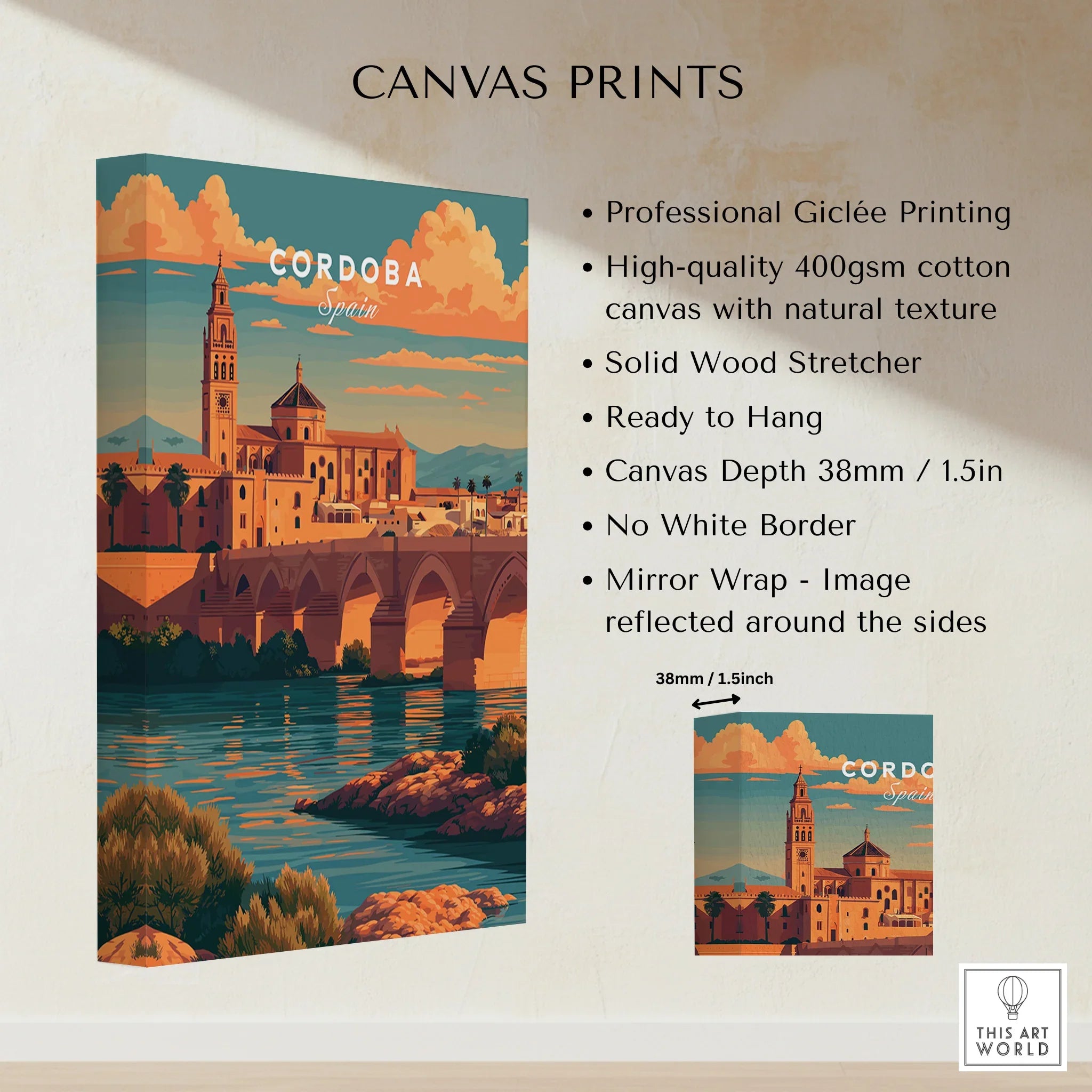 Cordoba Spain Sunset Travel Poster — canvas print stretched cotton canvas details