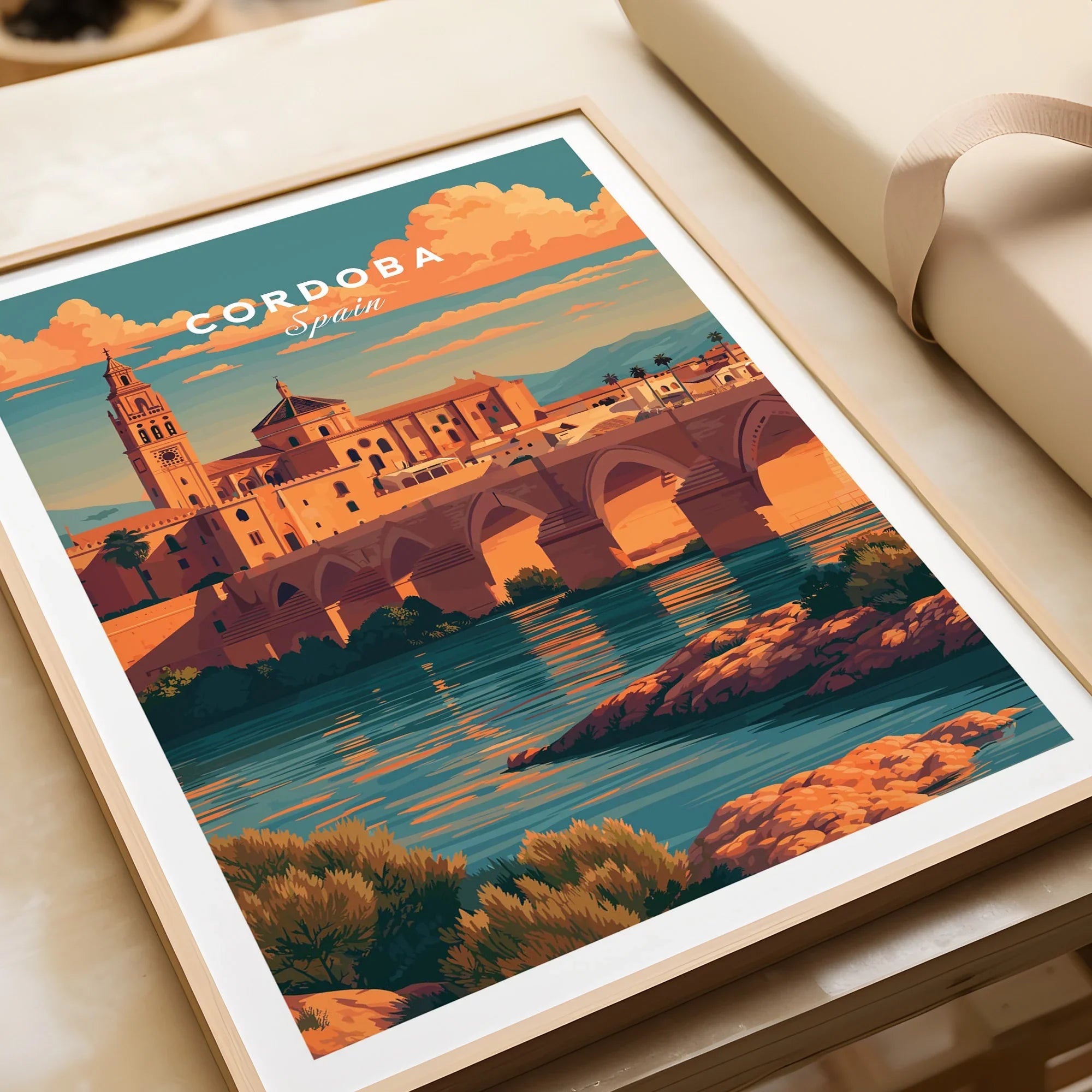 Cordoba Spain Sunset Travel Poster — framed art print closeup gift unwrapped natural frame