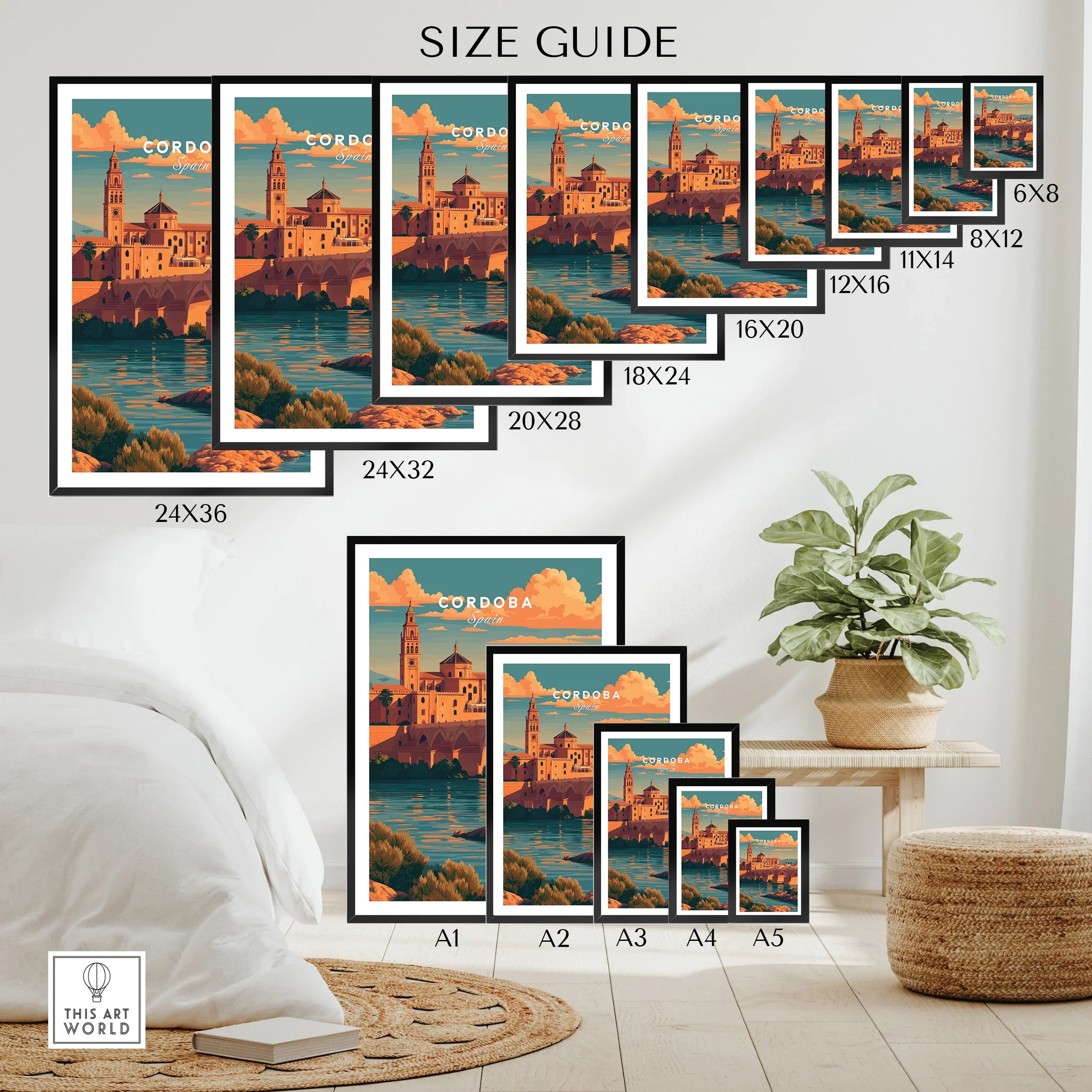 Cordoba Spain Sunset Travel Poster — wall art poster size guide thisartworld