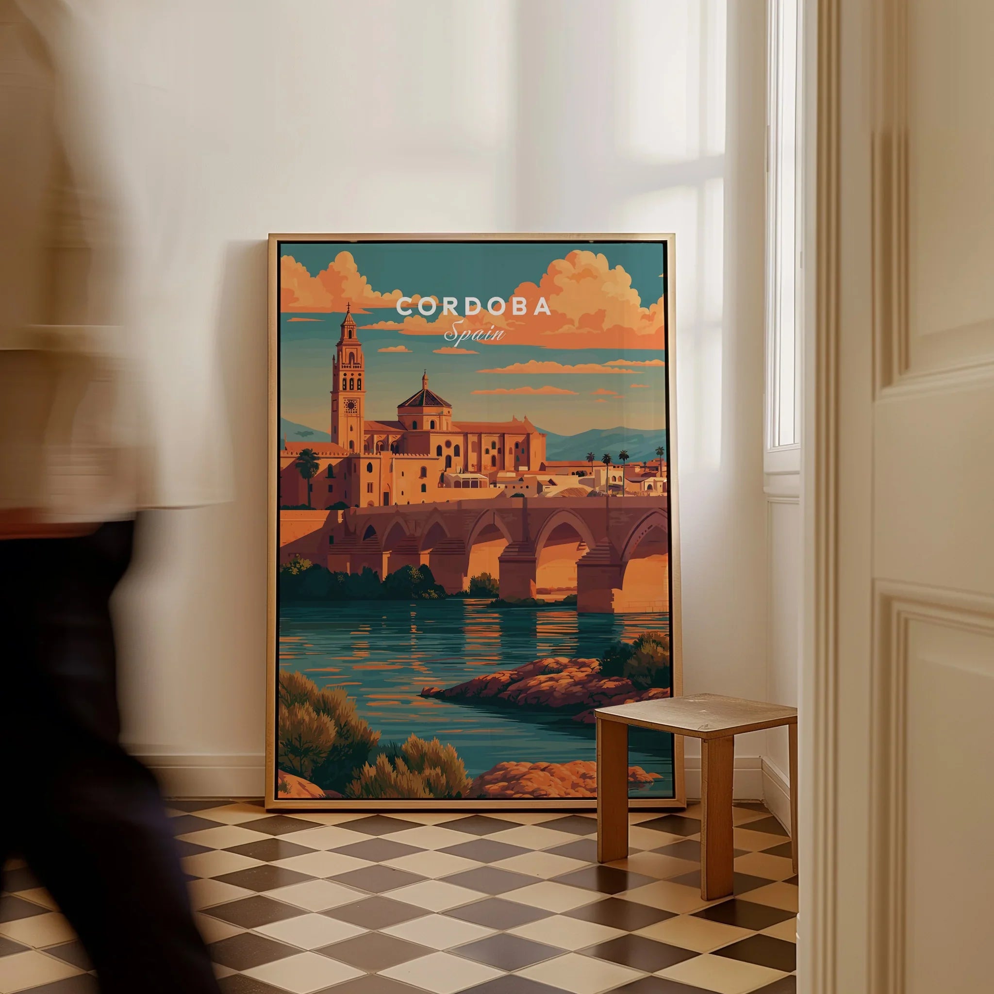 Cordoba Spain Sunset Travel Poster — framed canvas on floor man walking past