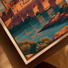Cordoba Spain Sunset Travel Poster — closeup framed canvas natural wood floating frame
