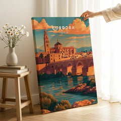 Cordoba Spain Sunset Travel Poster — canvas print mirror edge hand holding room setting