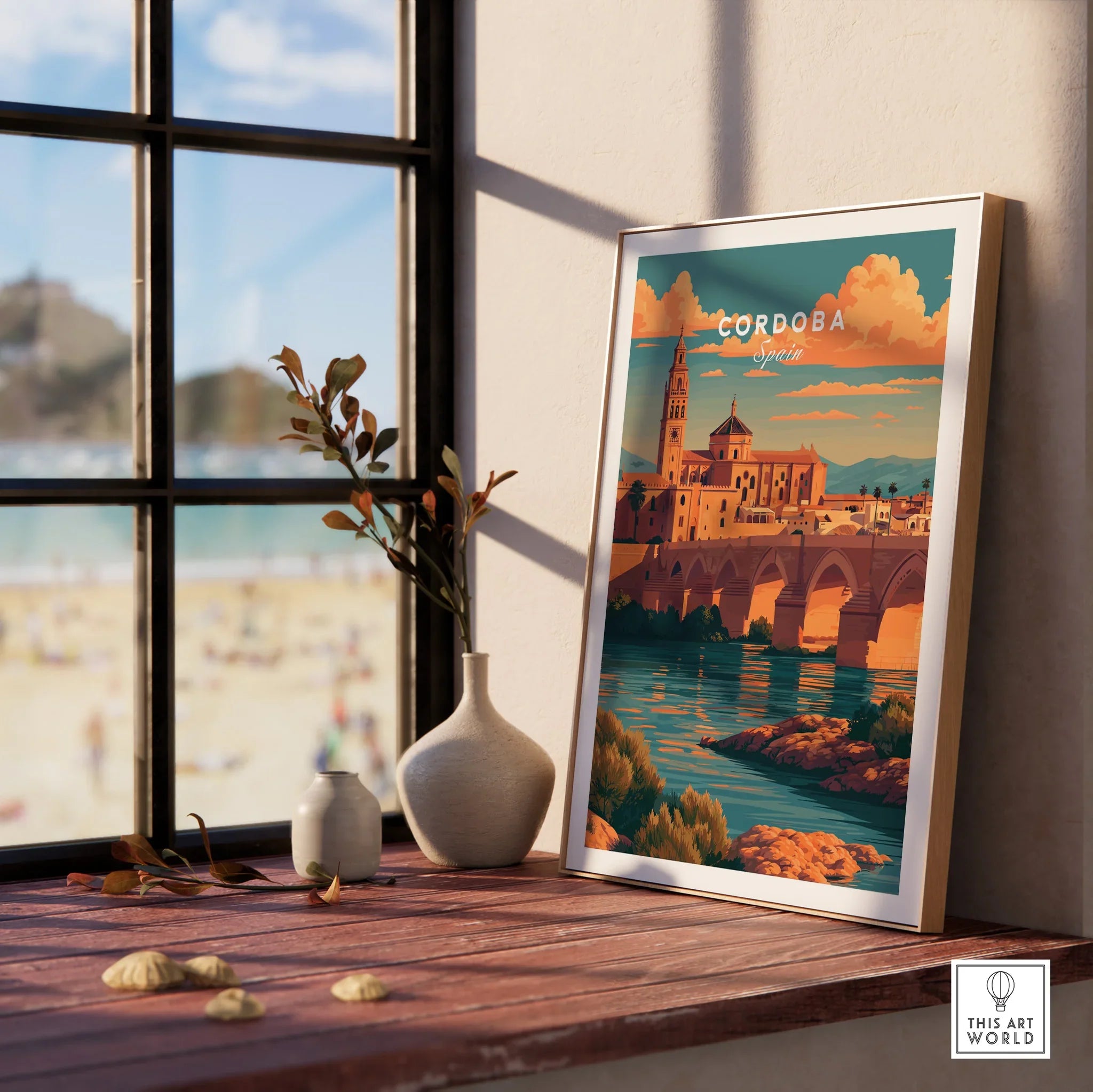 Cordoba Spain Sunset Travel Poster — framed print window view natural wood frame