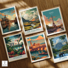 Cordoba Spain Sunset Travel Poster — set six framed art prints wooden floor natural wood frames