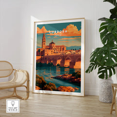 Cordoba Spain Sunset Travel Poster — large framed print room setting chair plant