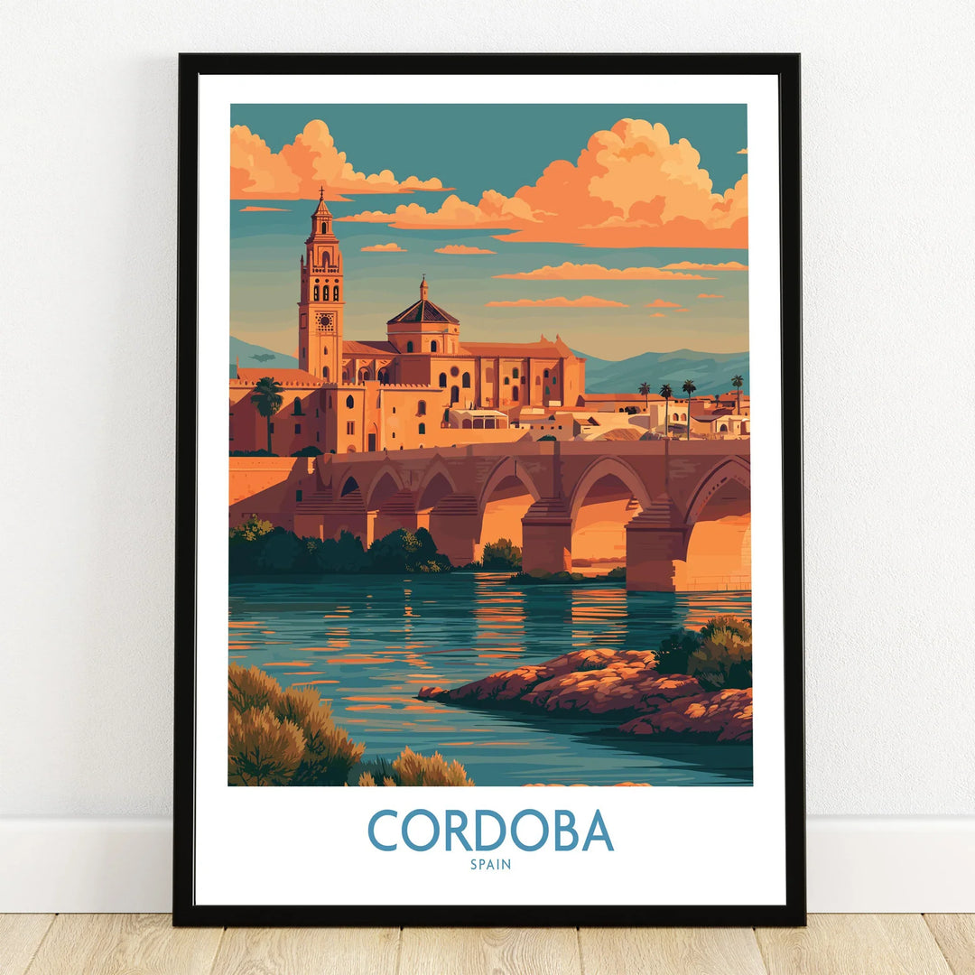 Cordoba Spain Sunset Wall Art — art print in black frame on wooden floor