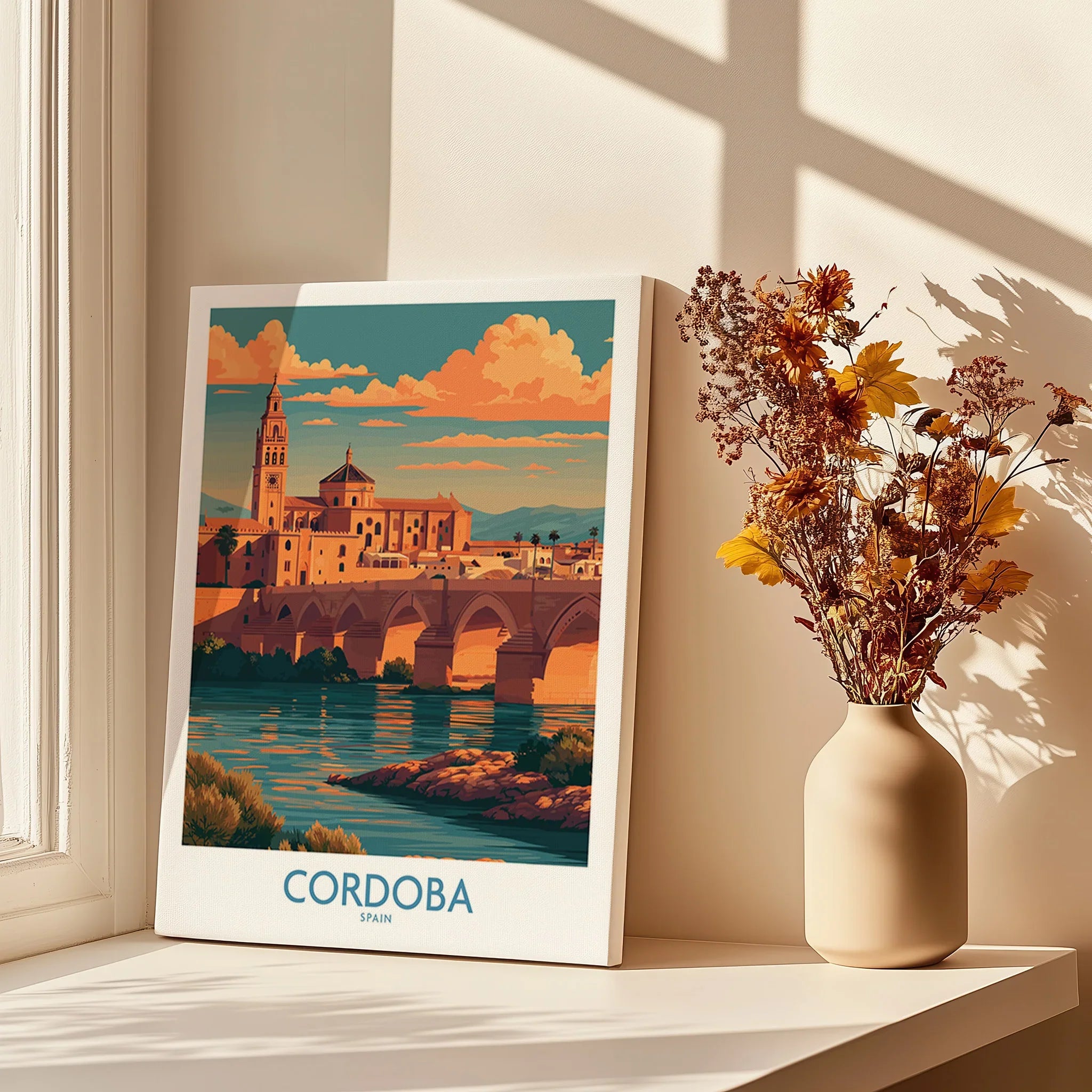 Cordoba Spain Sunset Wall Art — canvas print window setting with shadows flowers