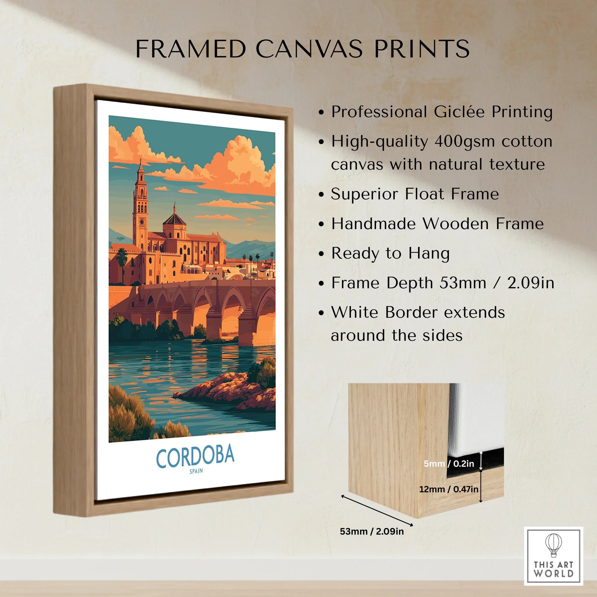Cordoba Spain Sunset Wall Art — framed canvas float frame details quality