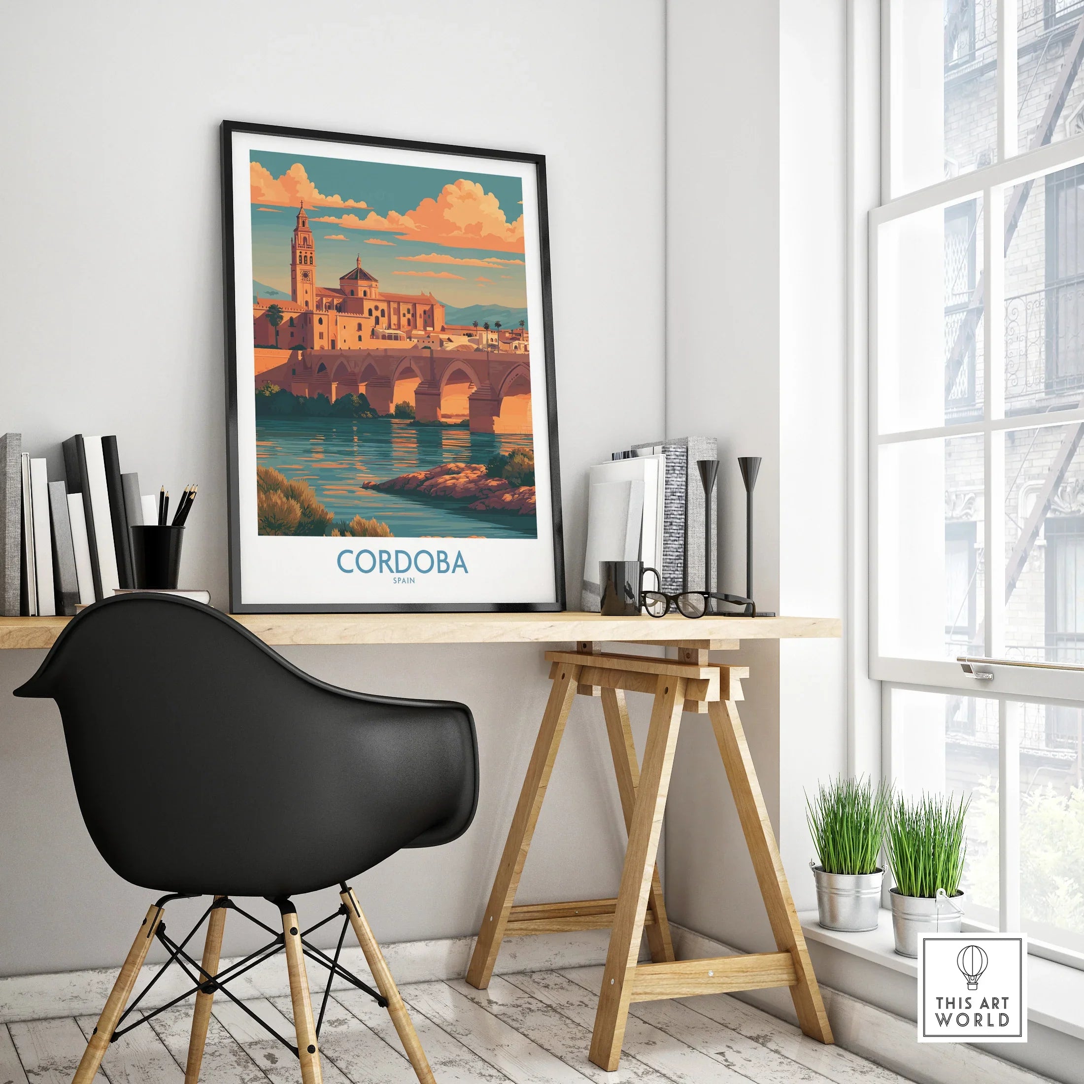 Cordoba Spain Sunset Wall Art — framed poster black frame on office desk modern