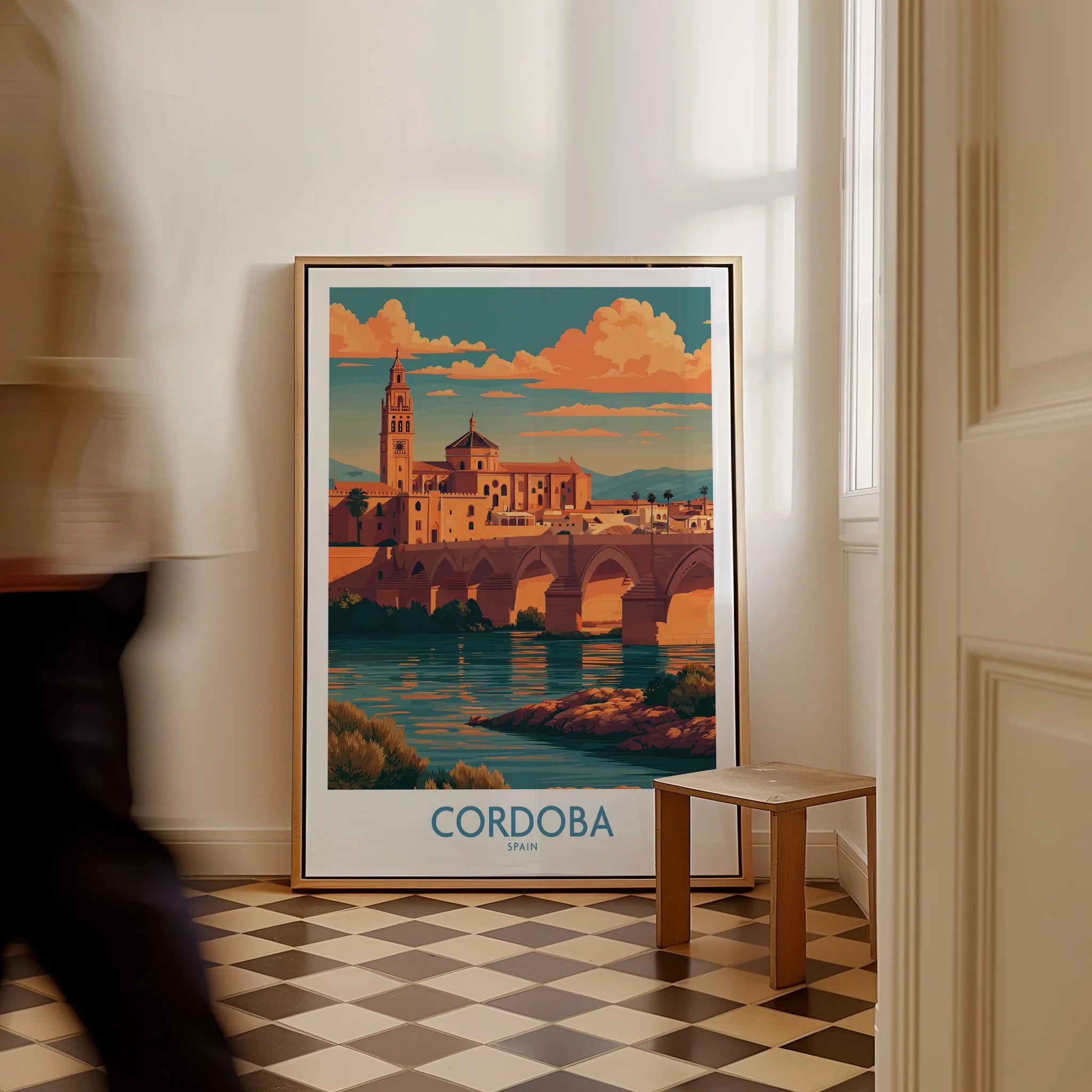 Cordoba Spain Sunset Wall Art — framed canvas on floor man walking past