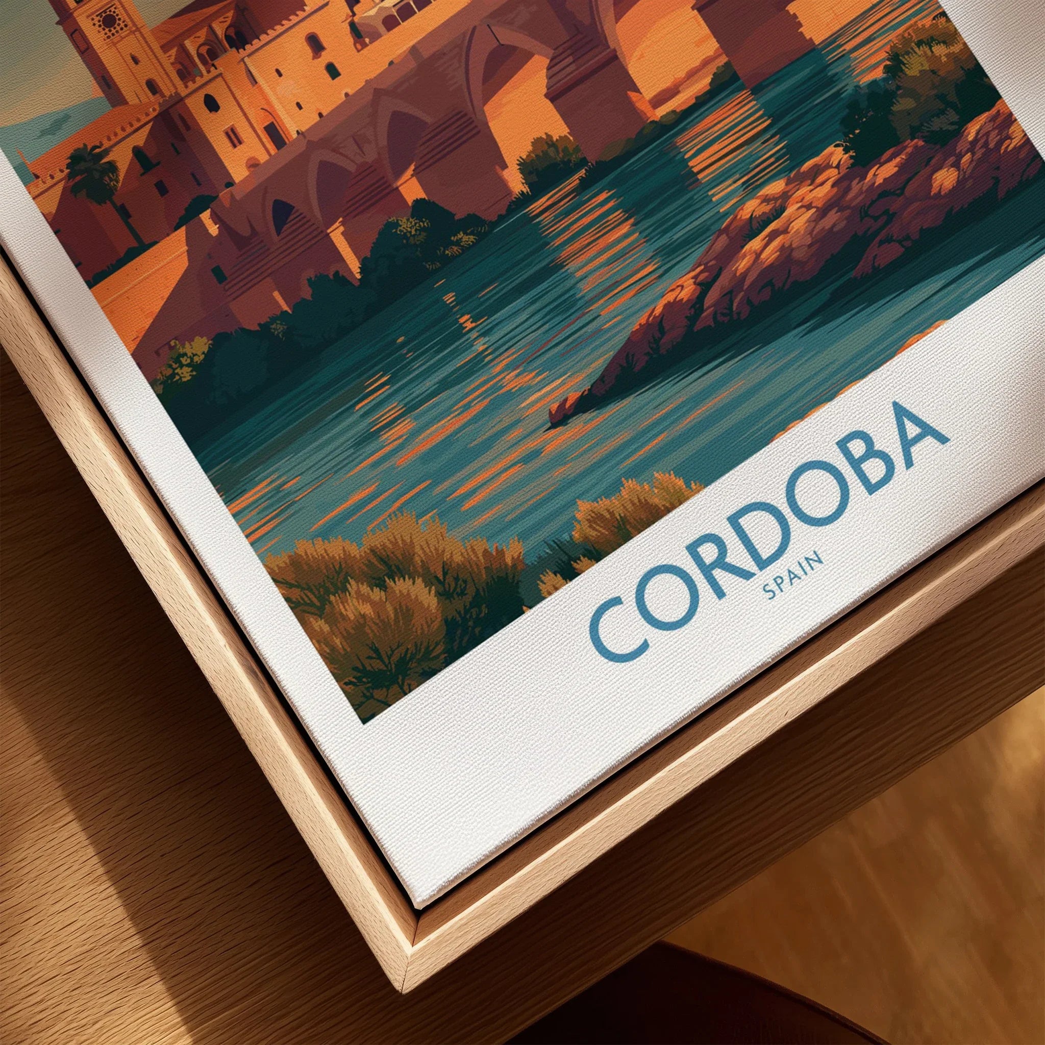 Cordoba Spain Sunset Wall Art — closeup framed canvas natural wood floating frame