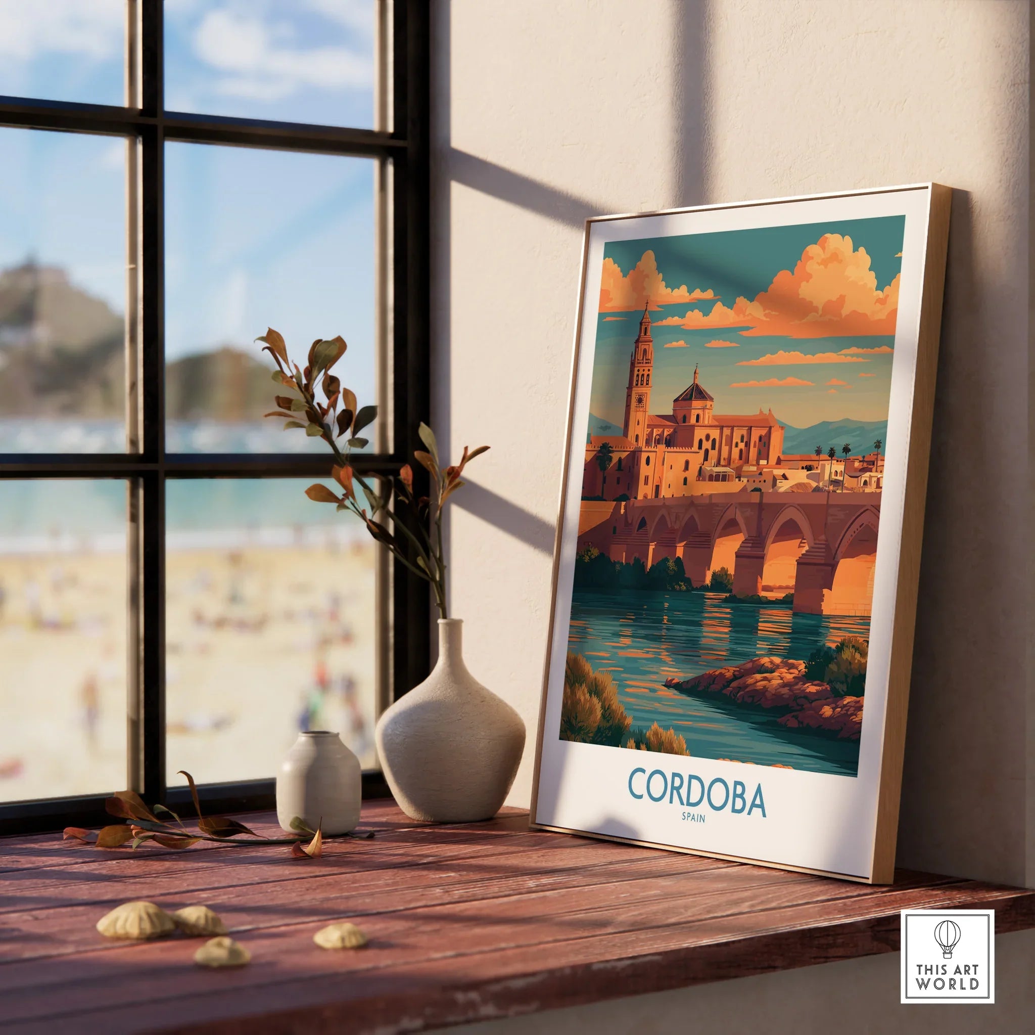 Cordoba Spain Sunset Wall Art — framed print window view natural wood frame