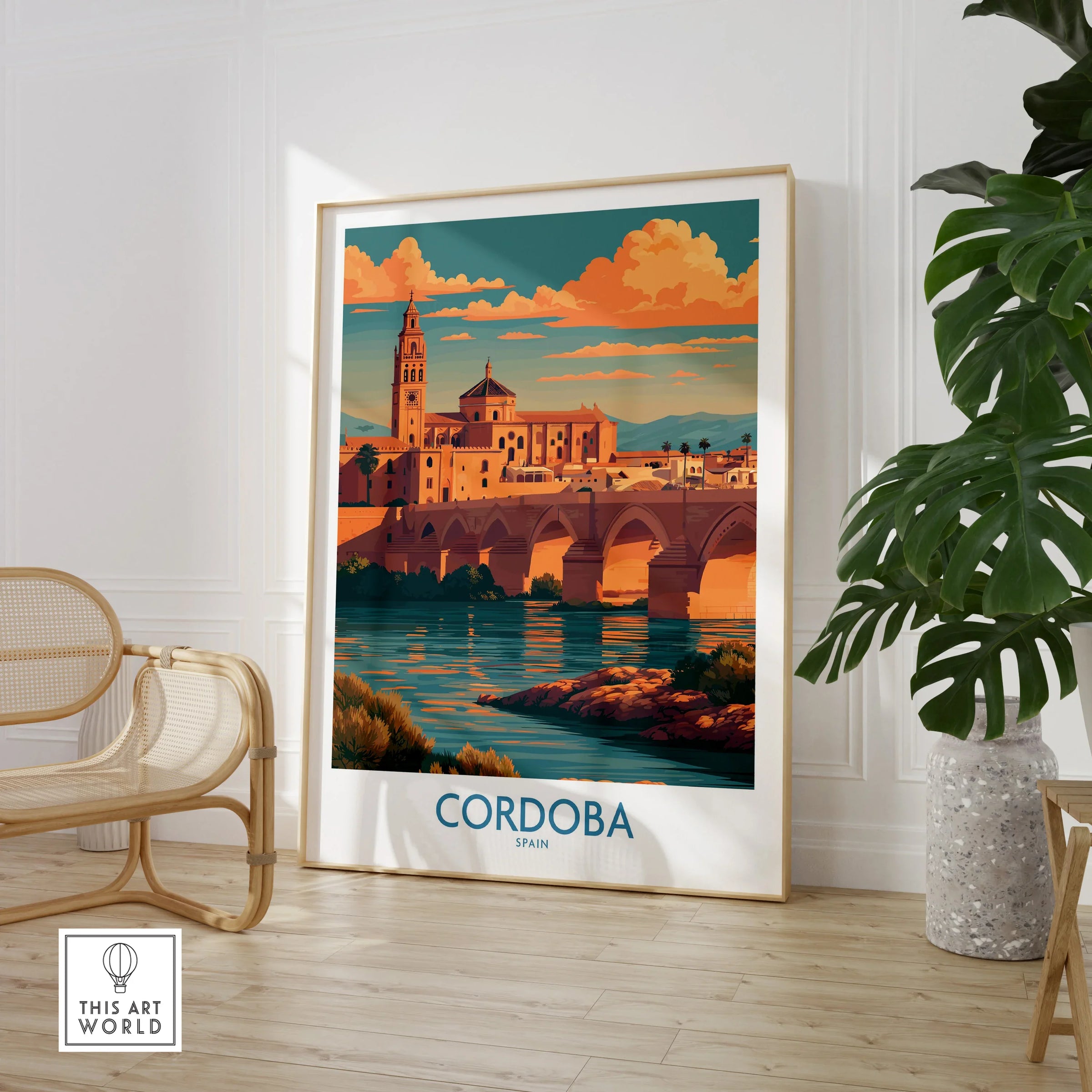 Cordoba Spain Sunset Wall Art — large framed print room setting chair plant