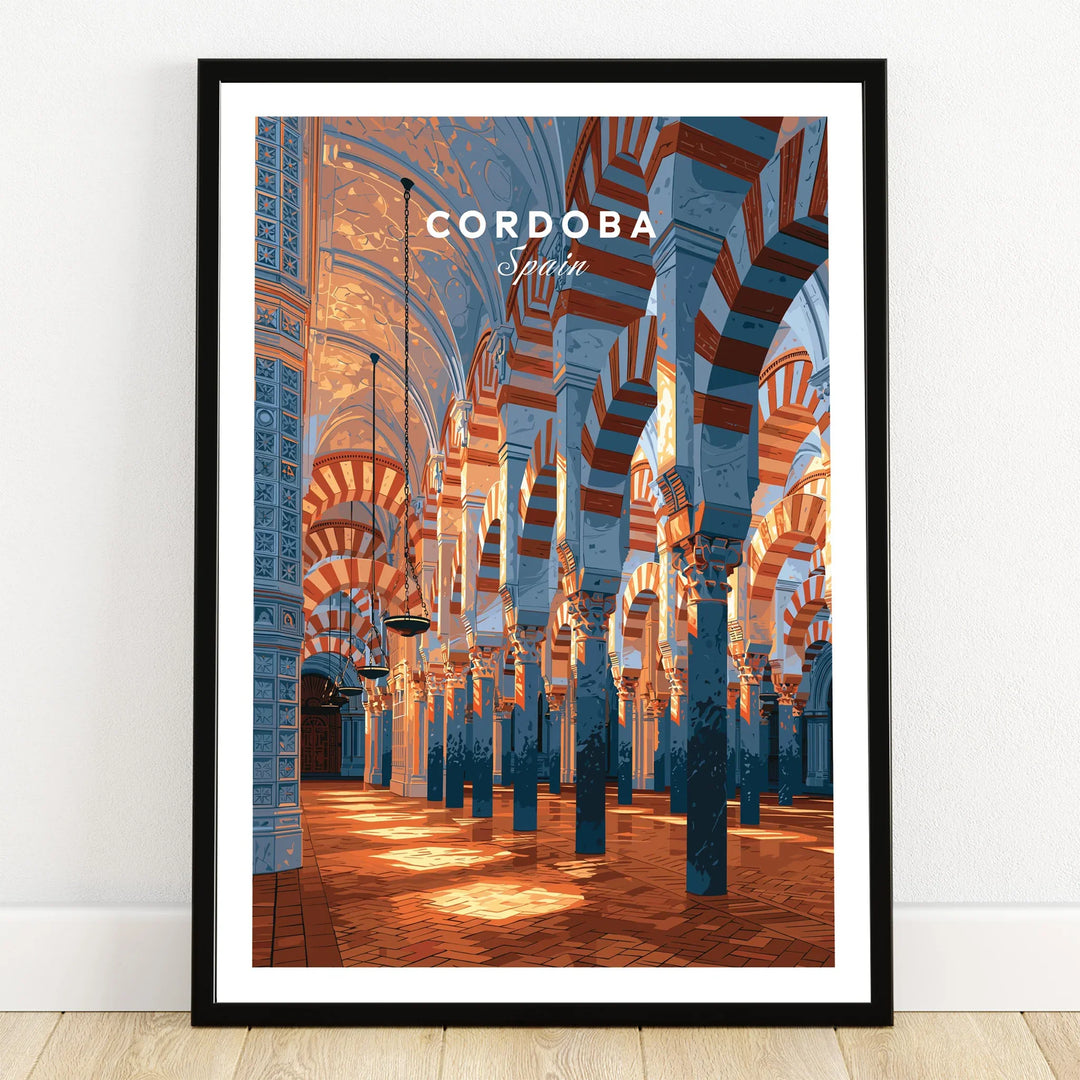 Cordoba Spain Mezquita Travel Poster — art print in black frame on wooden floor