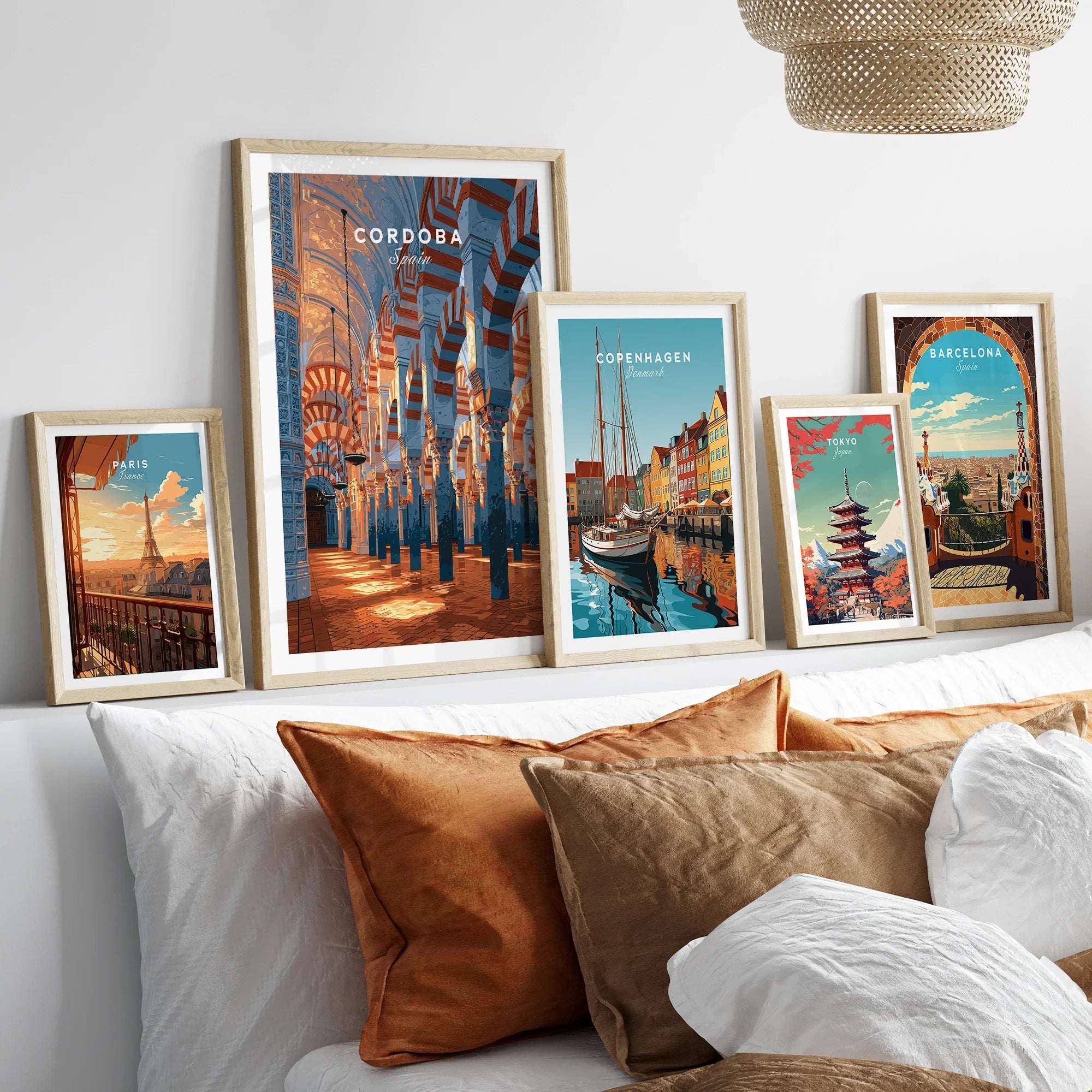 Cordoba Spain Mezquita Travel Poster — set five framed artprints above bed natural wood frames