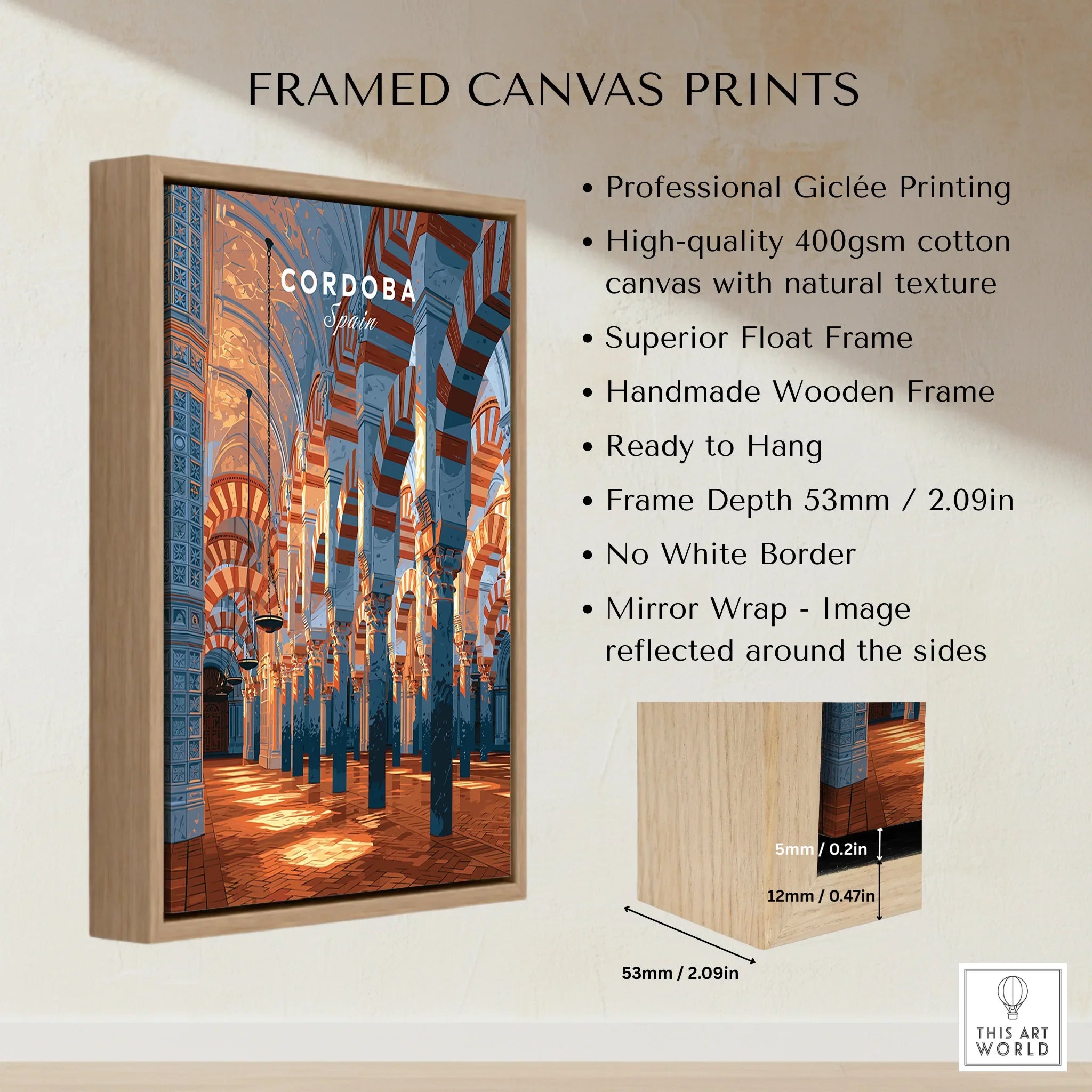 Cordoba Spain Mezquita Travel Poster — framed canvas float frame details quality