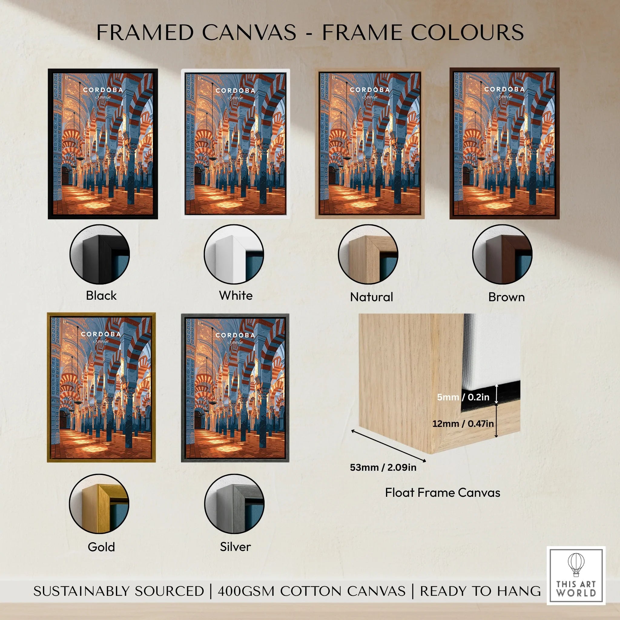 Cordoba Spain Mezquita Travel Poster — framed canvas float frame colour options