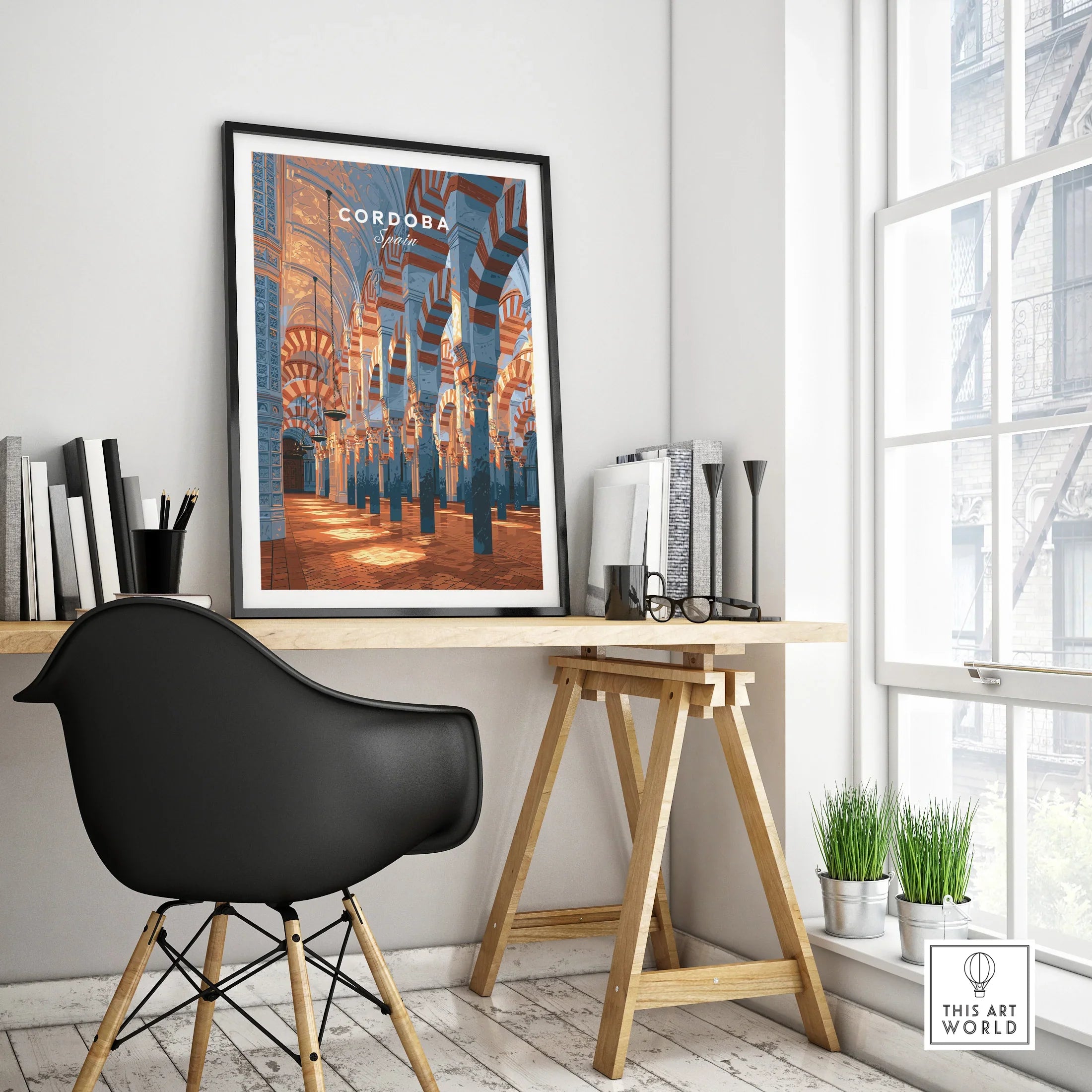 Cordoba Spain Mezquita Travel Poster — framed poster black frame on office desk modern