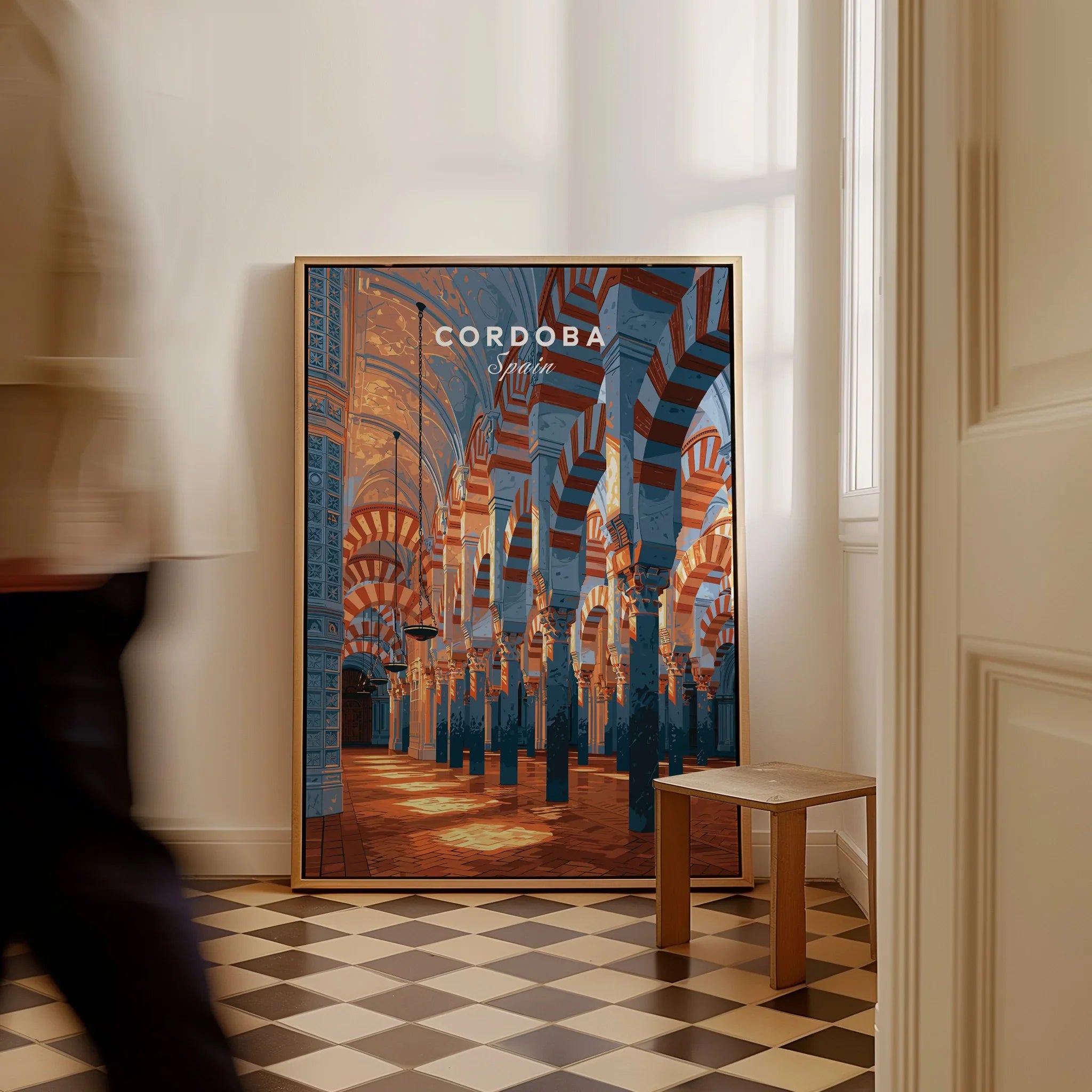 Cordoba Spain Mezquita Travel Poster — framed canvas on floor man walking past