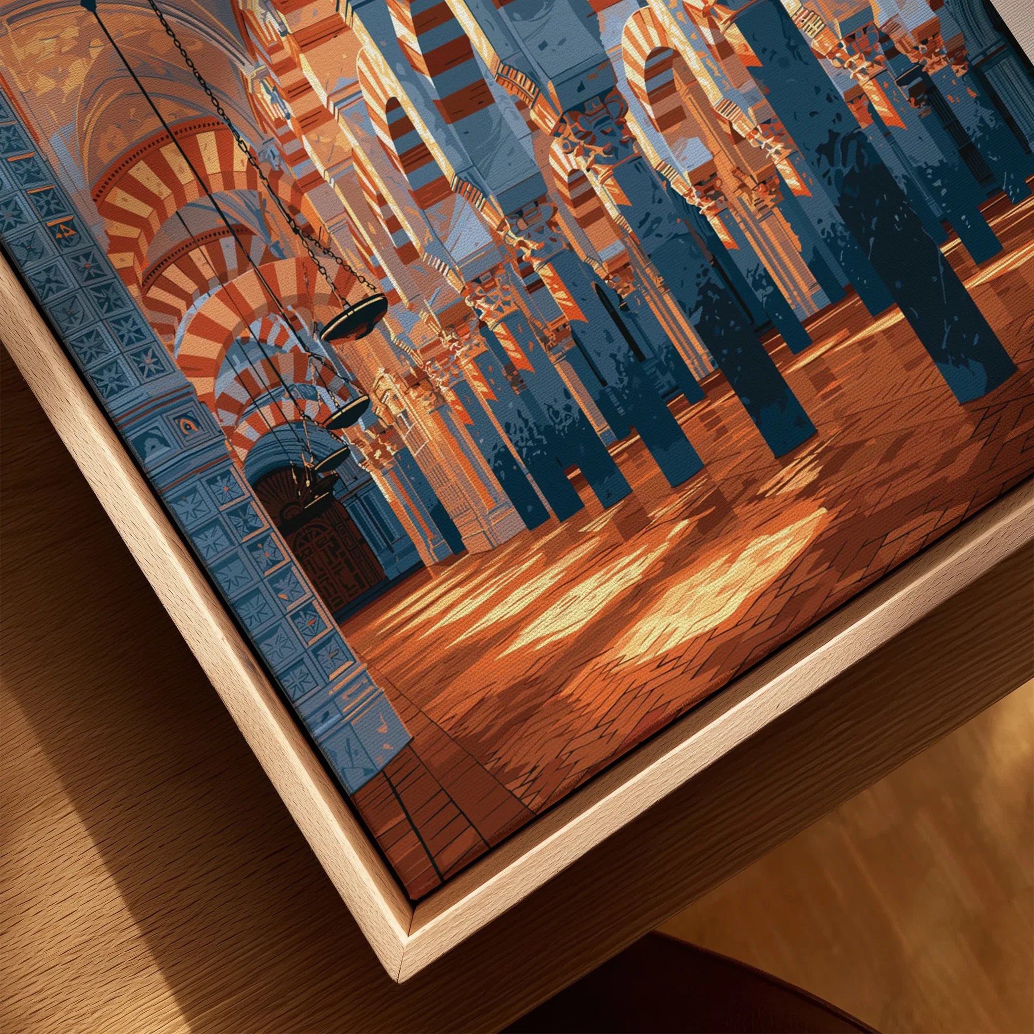 Cordoba Spain Mezquita Travel Poster — closeup framed canvas natural wood floating frame